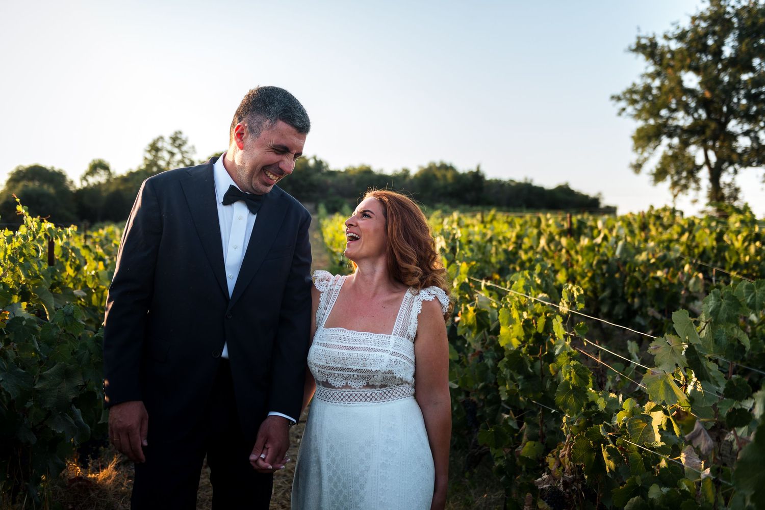 Couple sharing intimate moments among the grapevines during their vineyard wedding photoshoot.