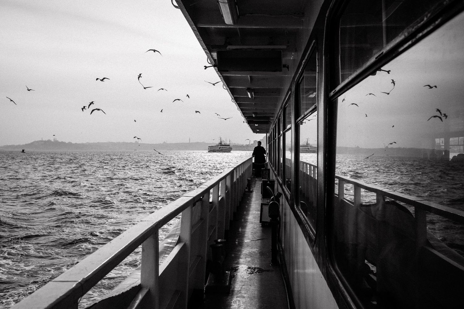 Black and white seascape with seagulls flying alongside ship's deck railing.