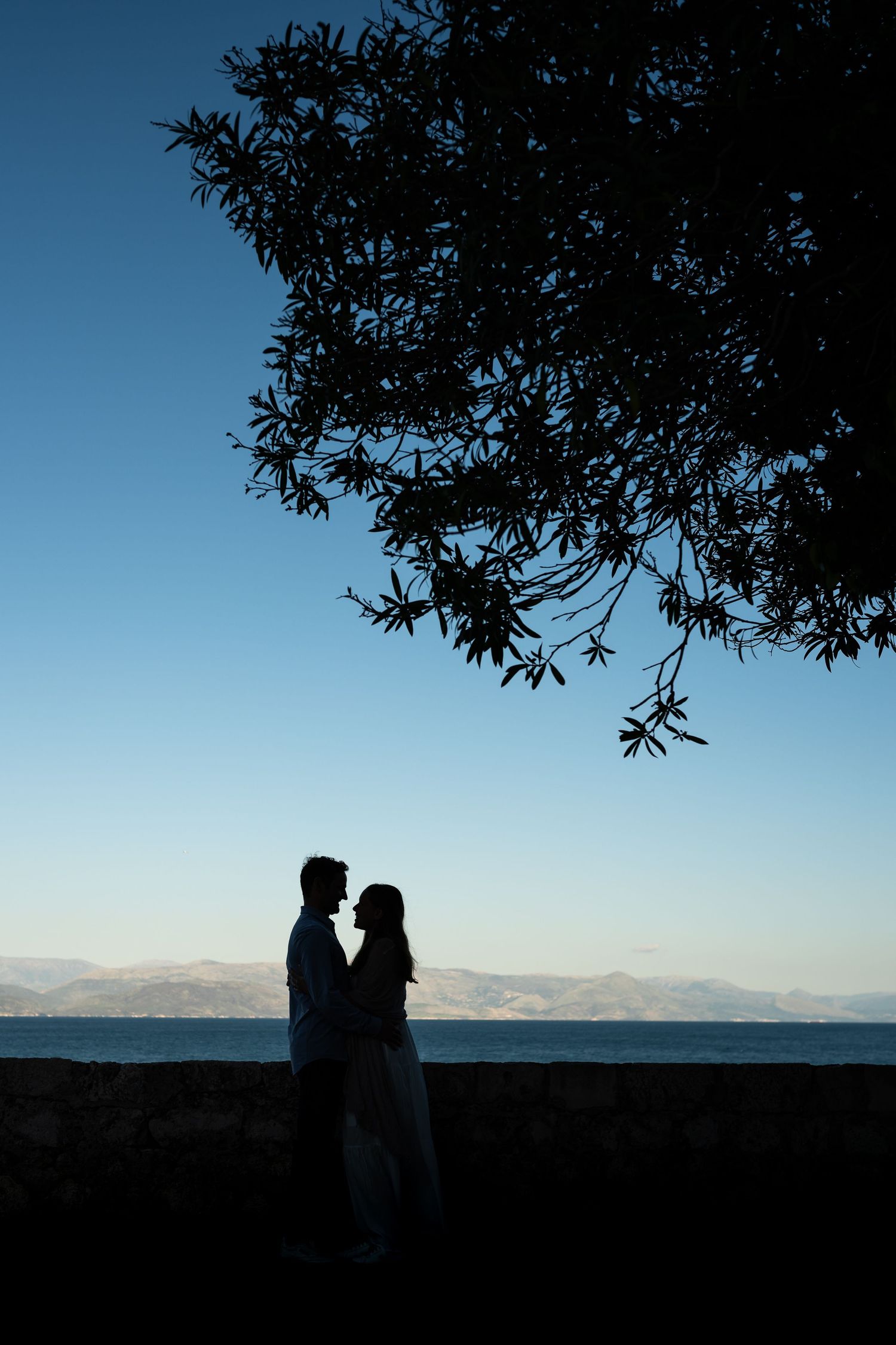 Silhouetted figures stand against a dramatic blue sky and ocean horizon.