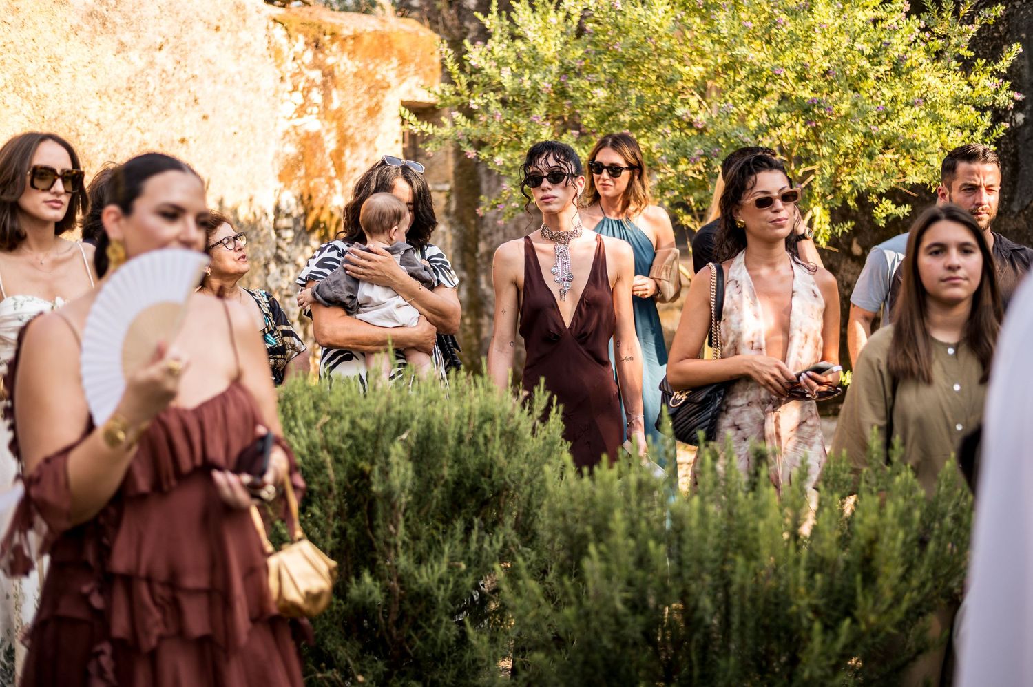 Wedding guests gather outdoors under trees during a sunny afternoon celebration.