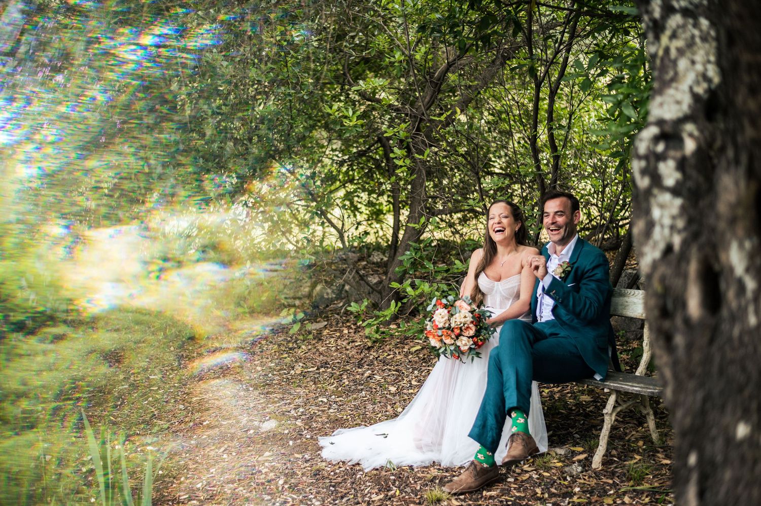 Natural woodland wedding photography session with rustic elements.