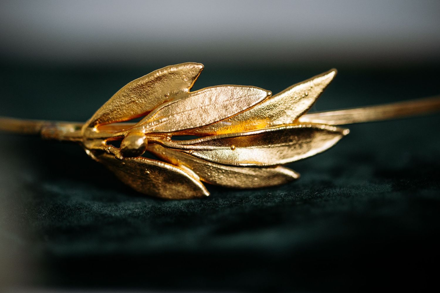 Close-up of golden leaf-shaped jewelry pieces arranged on dark surface.