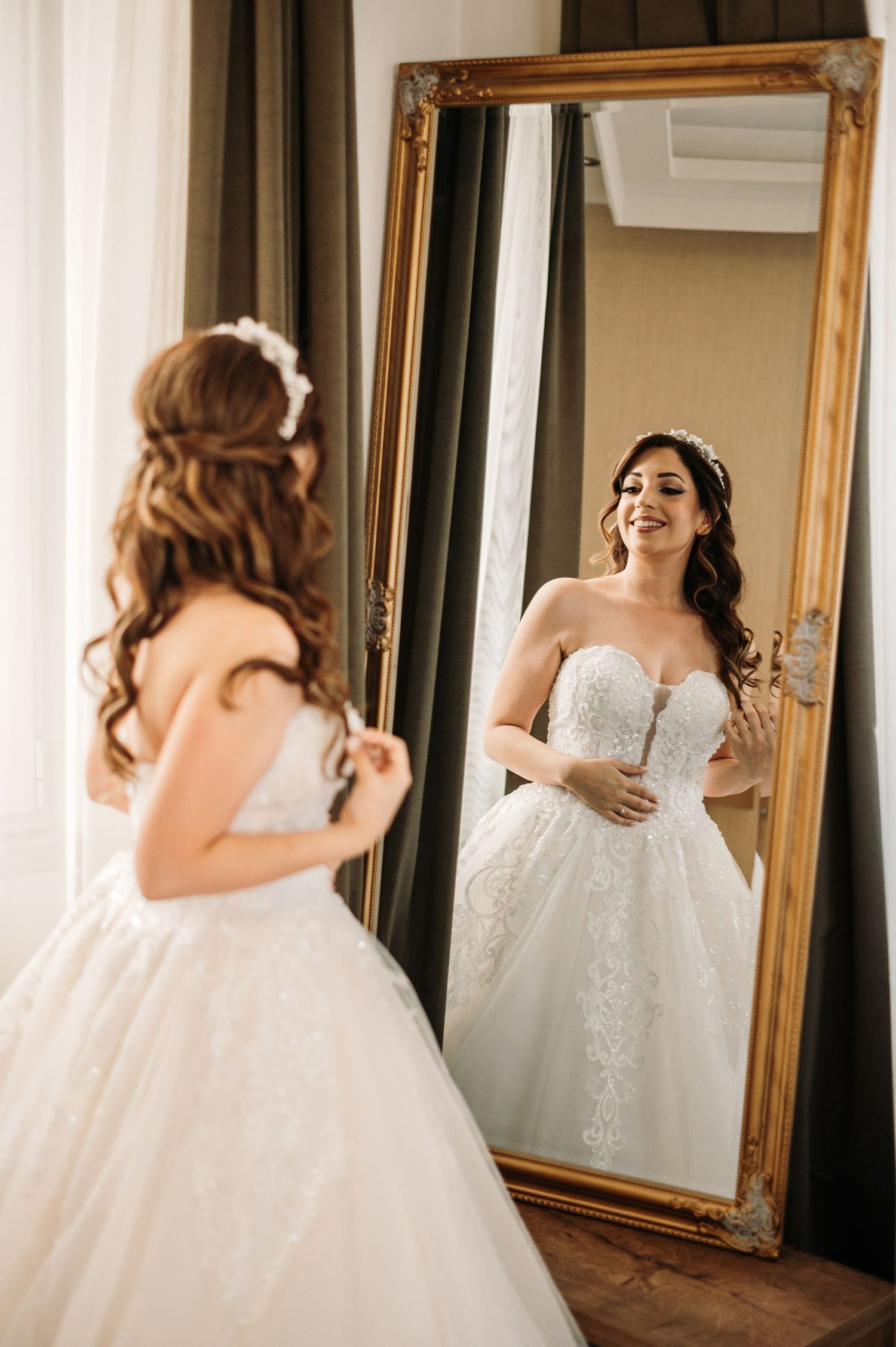 Series of romantic bridal portraits with ornate gold mirror reflections.