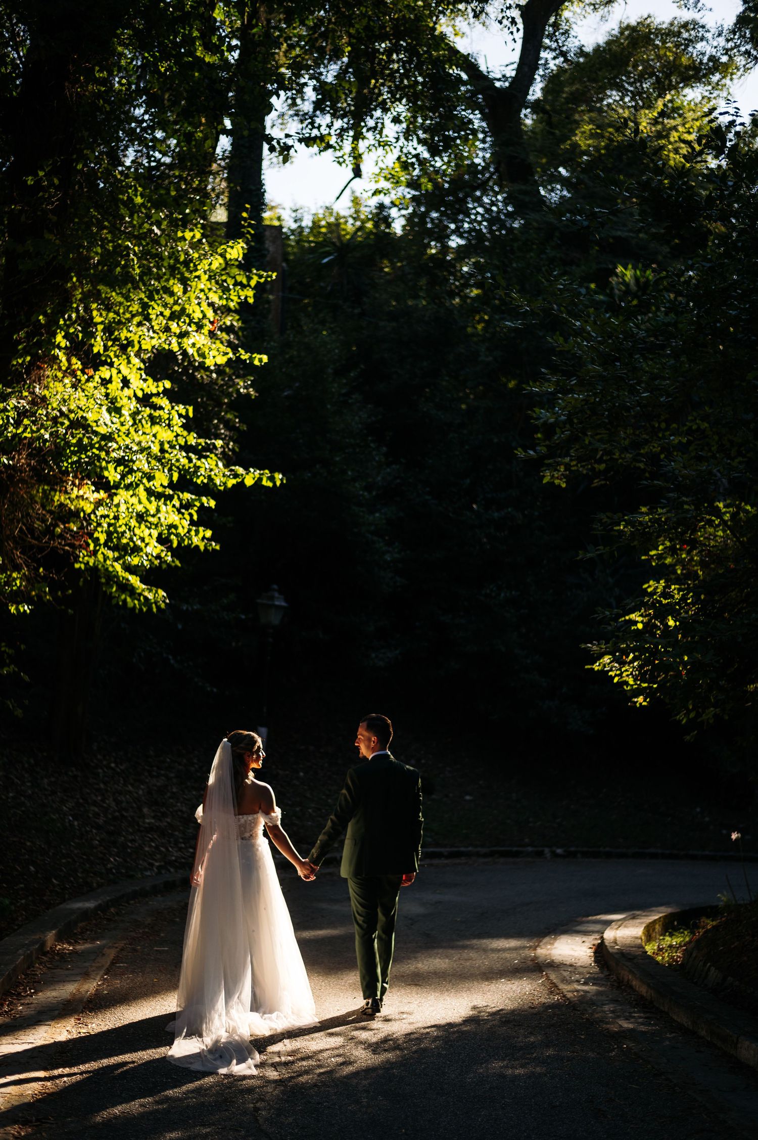 Artistic silhouette of wedding couple walking together on a tree-lined path at sunset.