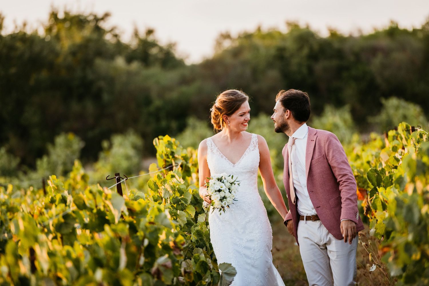 Romantic sunset moment in a vineyard with soft golden light.