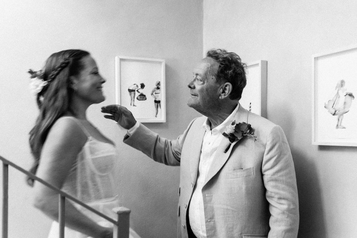 Black and white series of candid wedding preparation moments indoors.