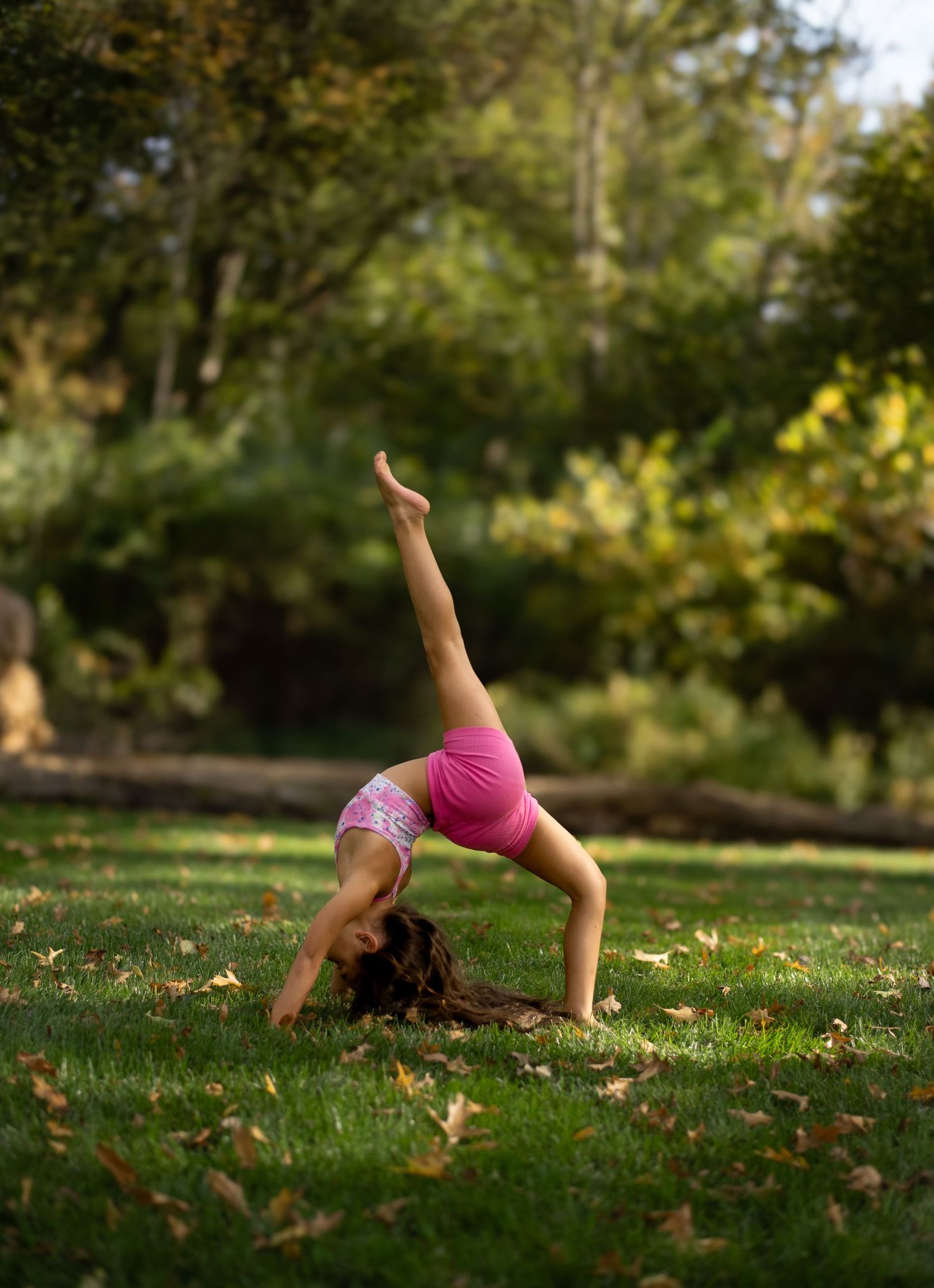 Artistic dance movements performed on grass with fall foliage in background.