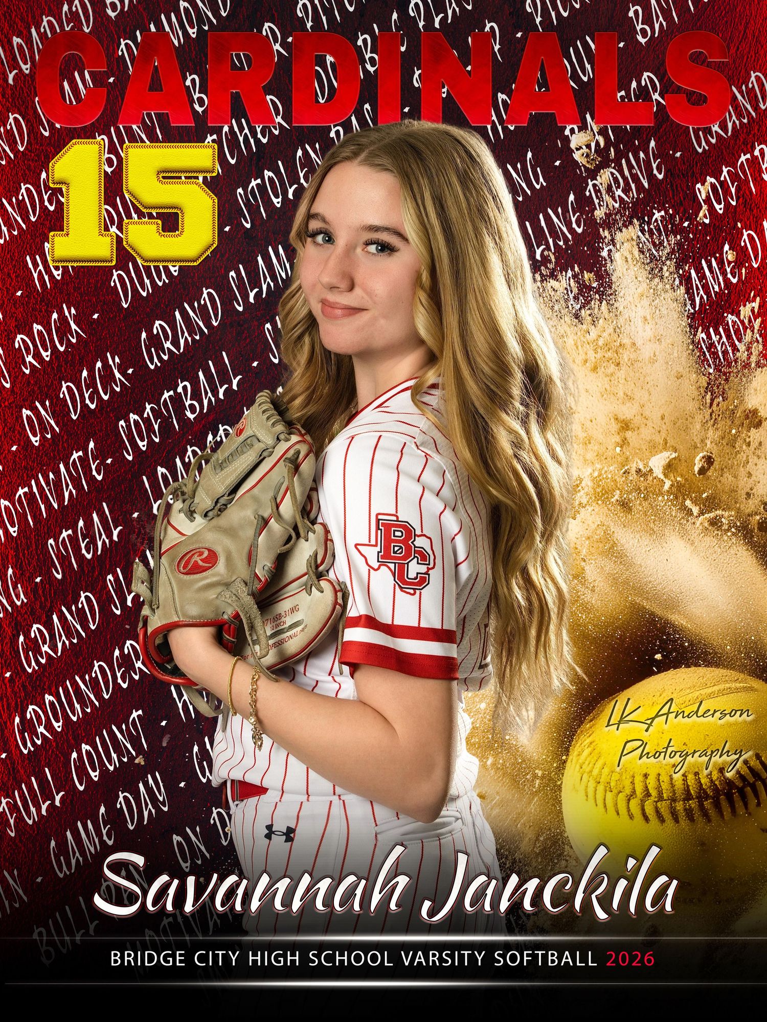 High school softball player poses in uniform against red background with yellow softball graphics and text overlays.
