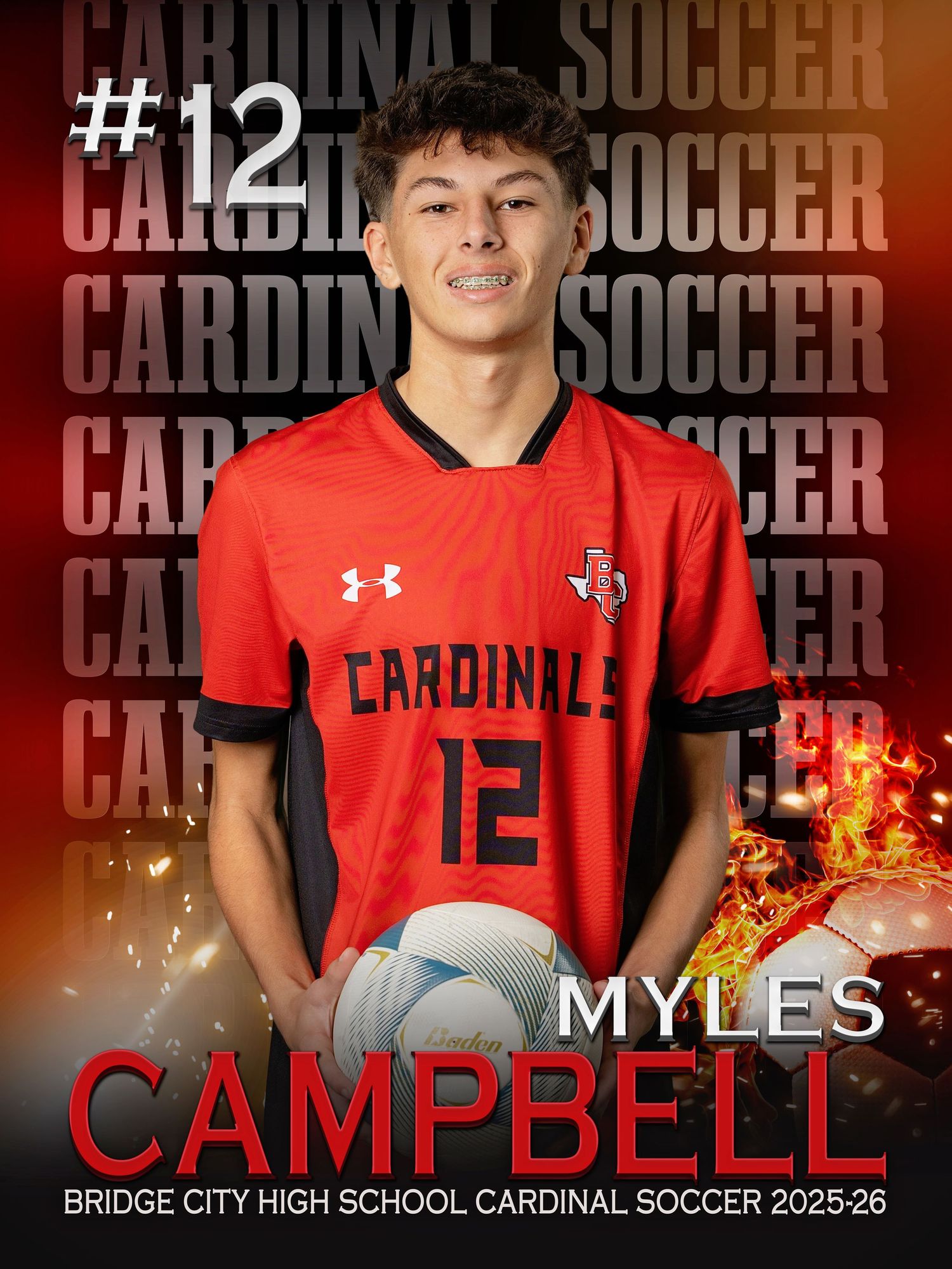 Bridge City High School Cardinal soccer player in red Under Armour uniform with number 12 jersey against dark background.