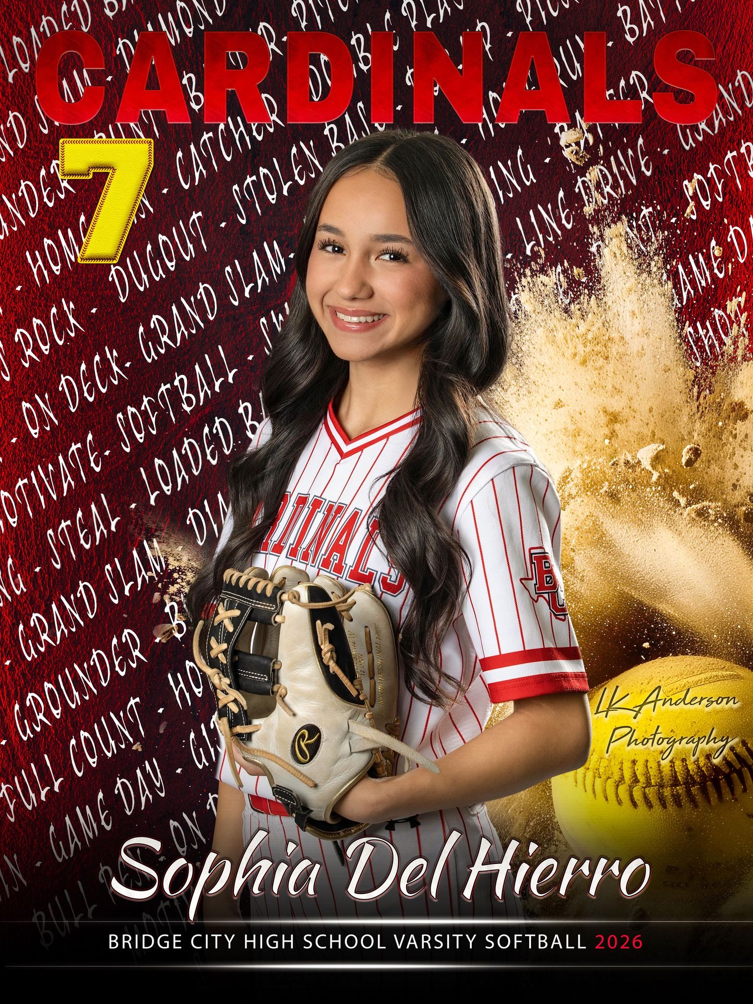 Softball player sports banner design with red background and gold accents featuring varsity team branding.