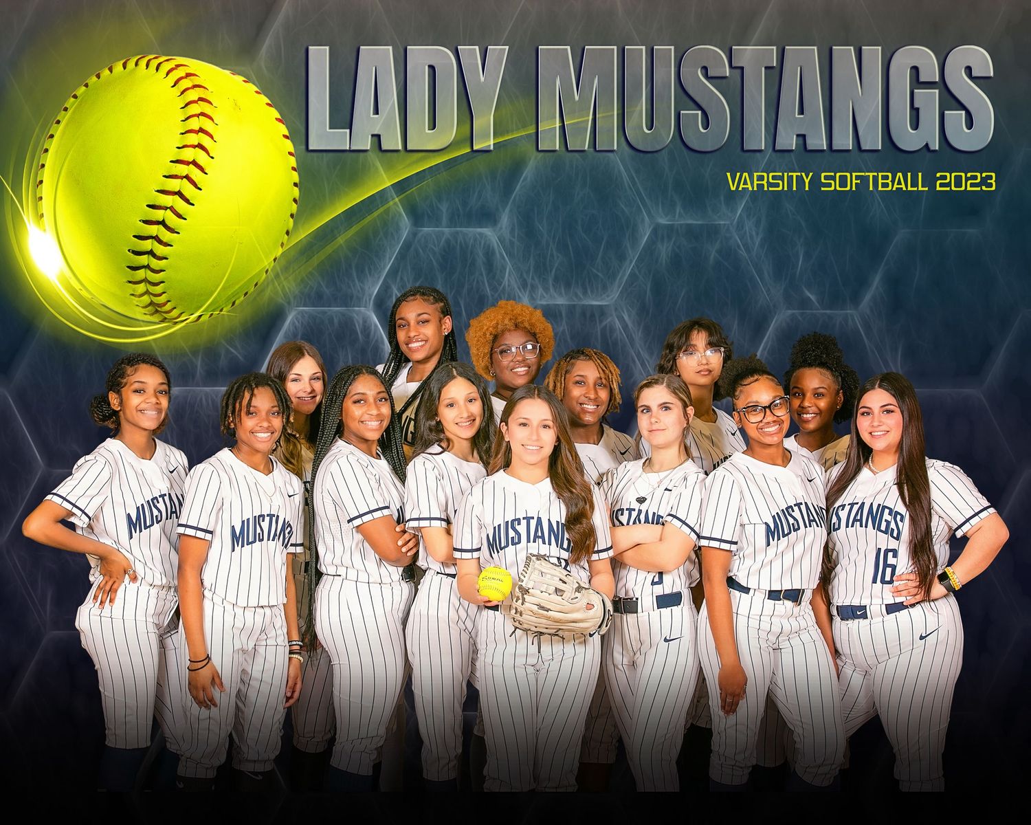 High school softball team poses in white pinstriped uniforms with yellow softballs against dark background.