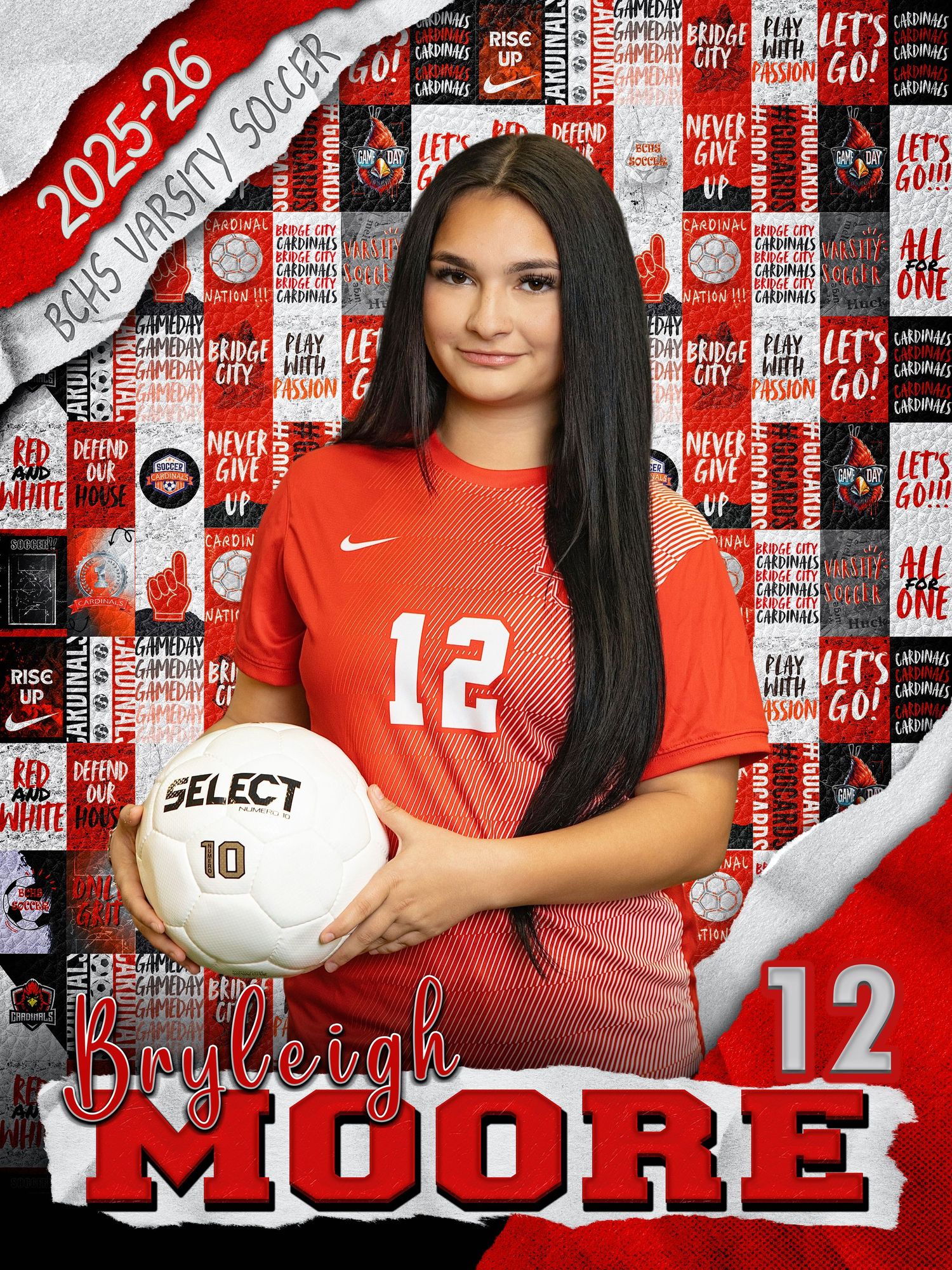 Soccer team member in red jersey holds white ball against promotional backdrop.