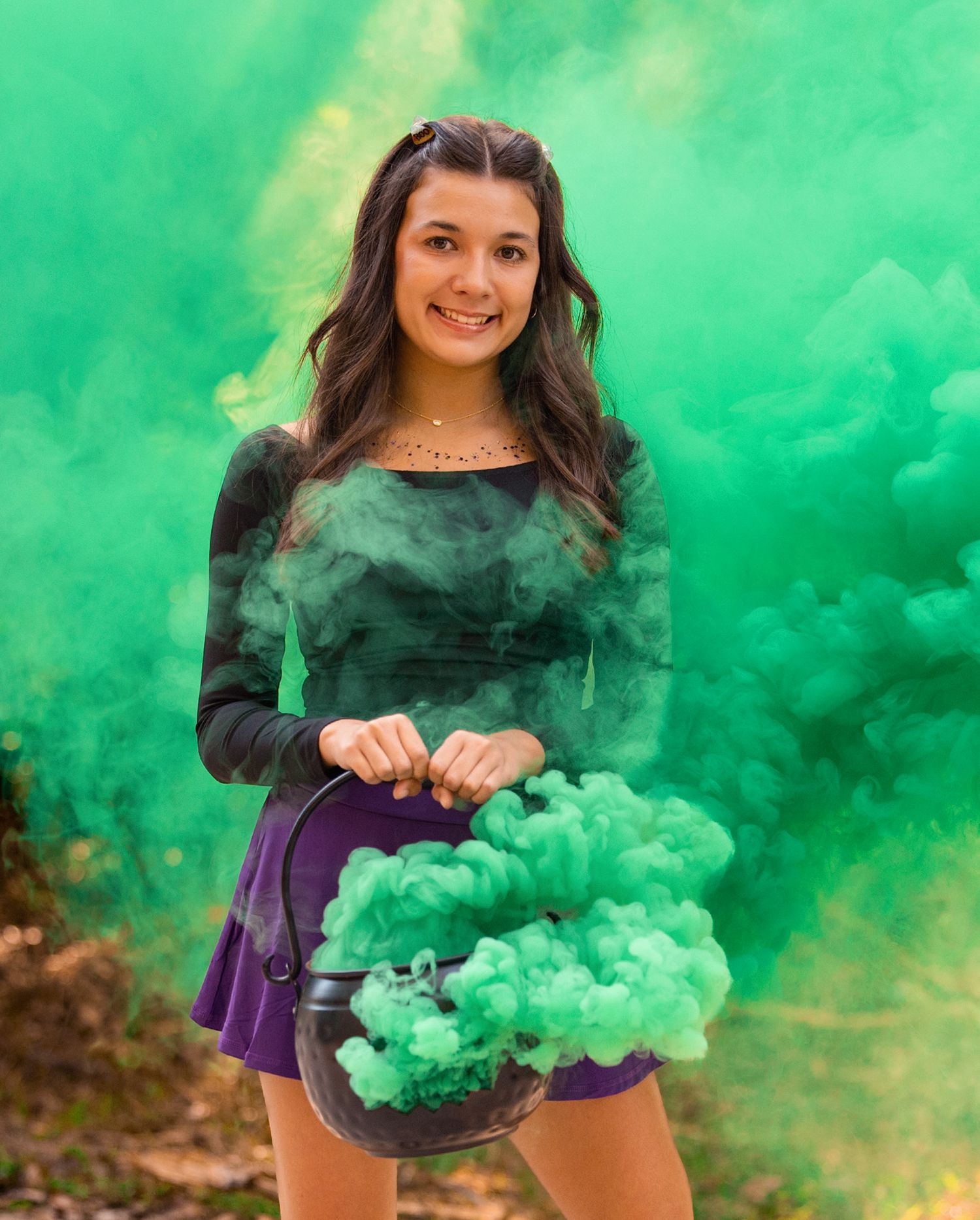 Sequence of photos with bright green smoke effects creating a mystical atmosphere outdoors.