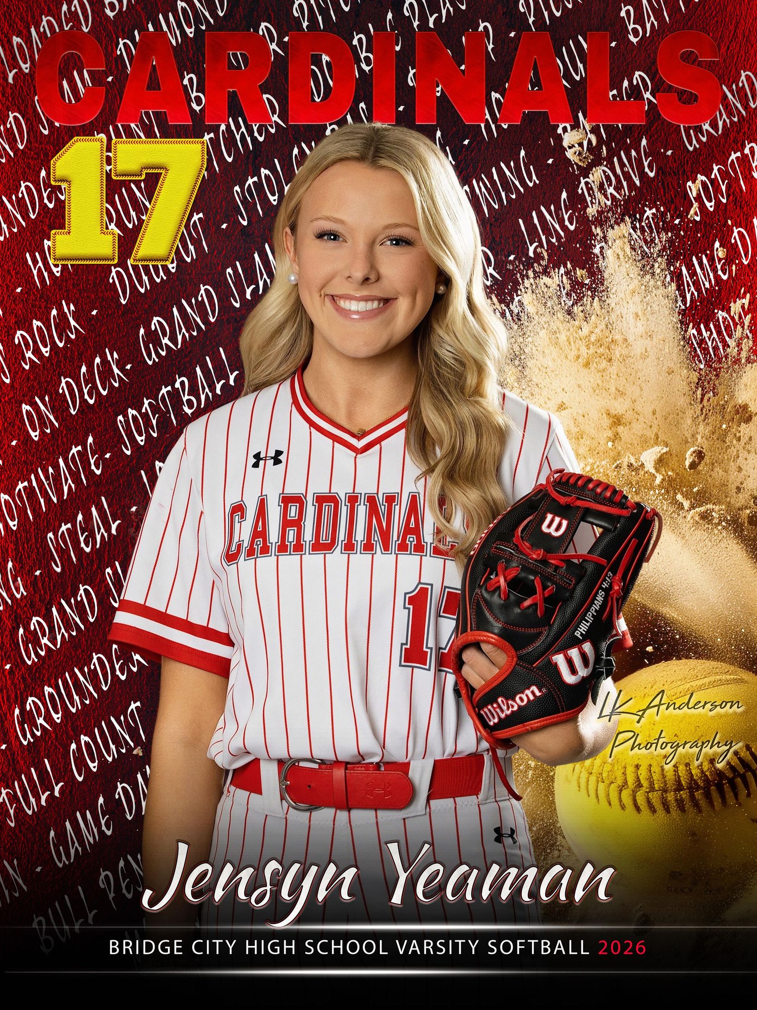 High school softball player in Cardinals pinstripe uniform #17 poses with glove against red background with gold accents.