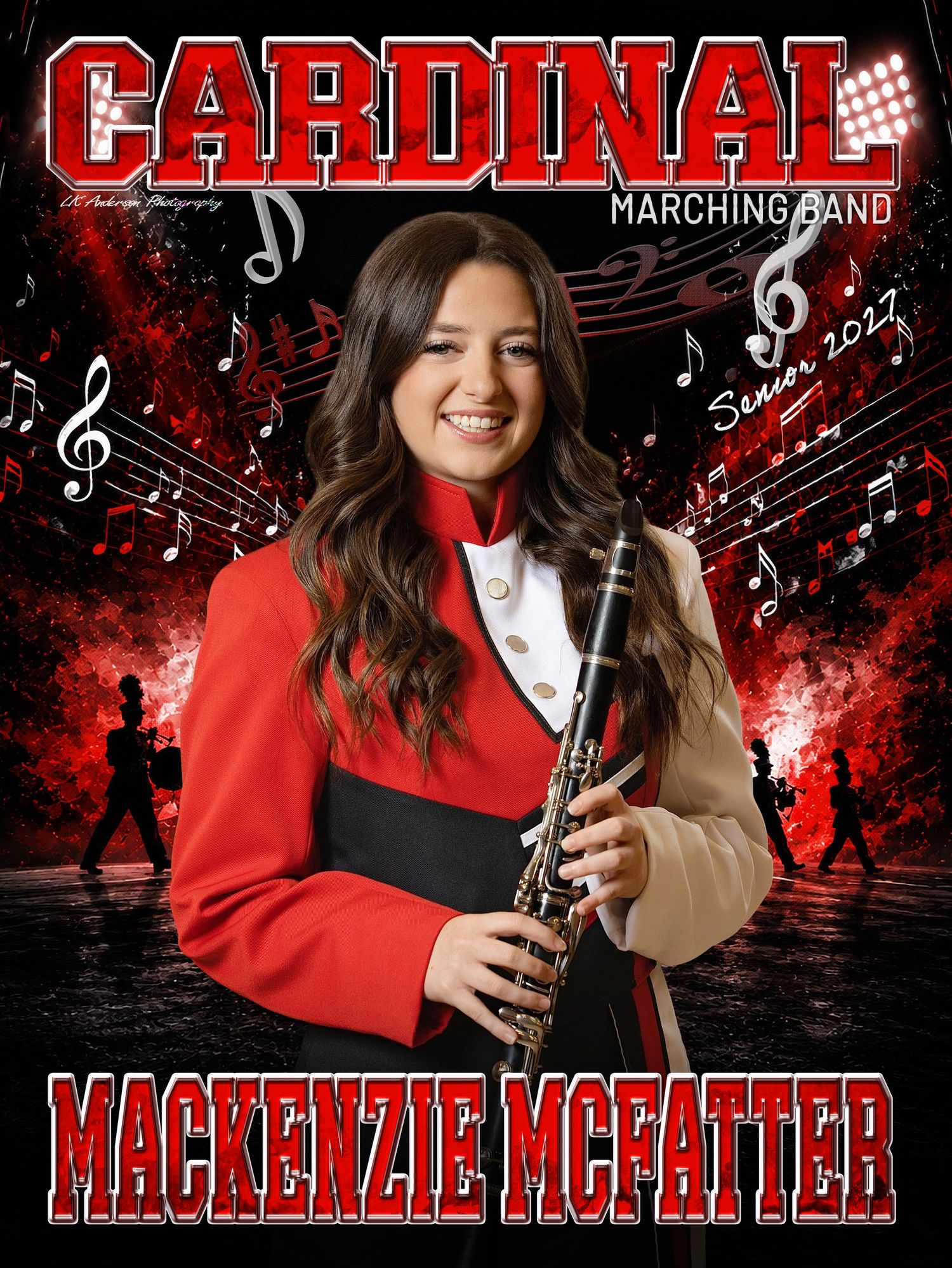 Mackenzie McFatter, Senior 2027, Cardinal Marching Band portrait holding clarinet in red and black uniform.