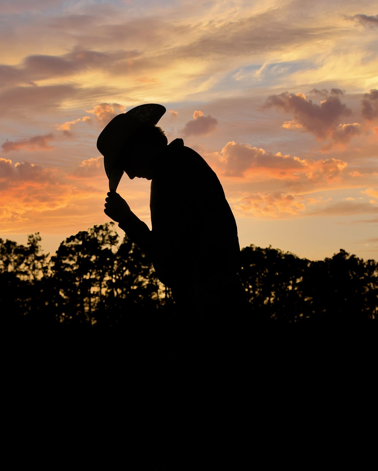 A series of silhouetted horse and rider figures against a vibrant orange and purple sunset sky with trees in the background.