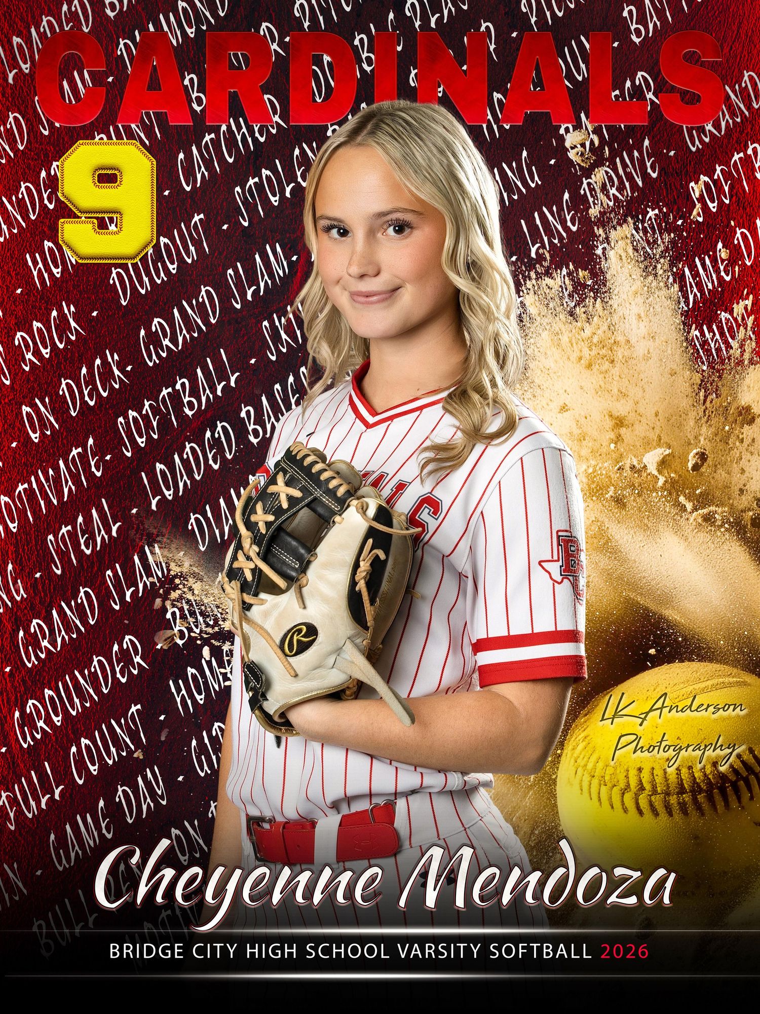 Softball player in red and white striped uniform poses against dramatic red backdrop with glowing softball effects.