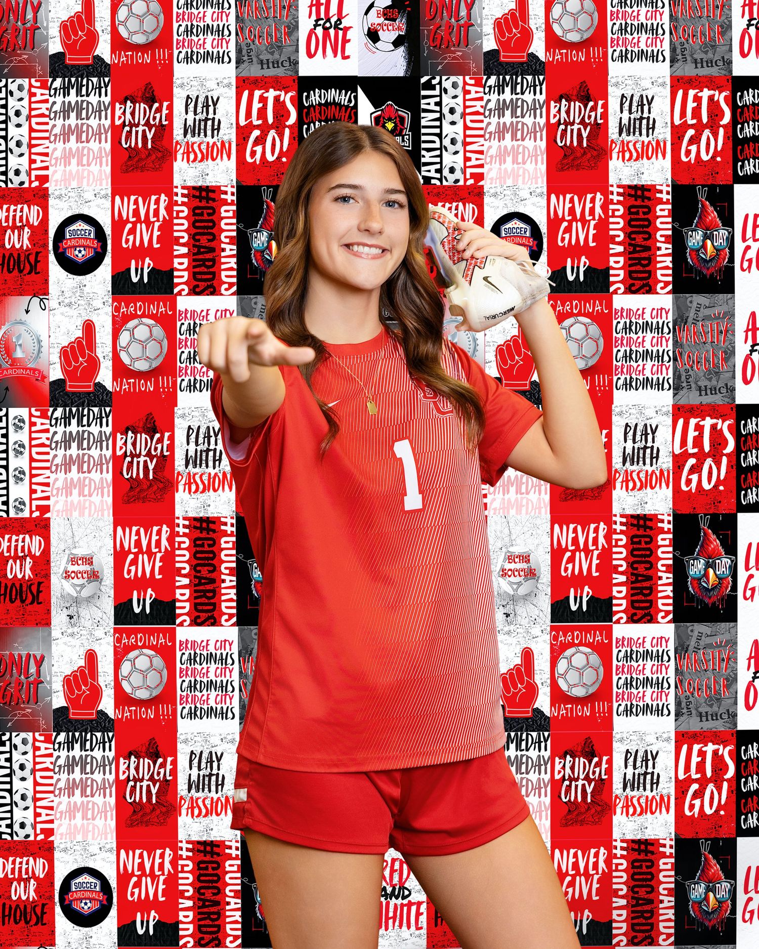 Soccer player in red uniform poses against red and white patterned background with team graphics.
