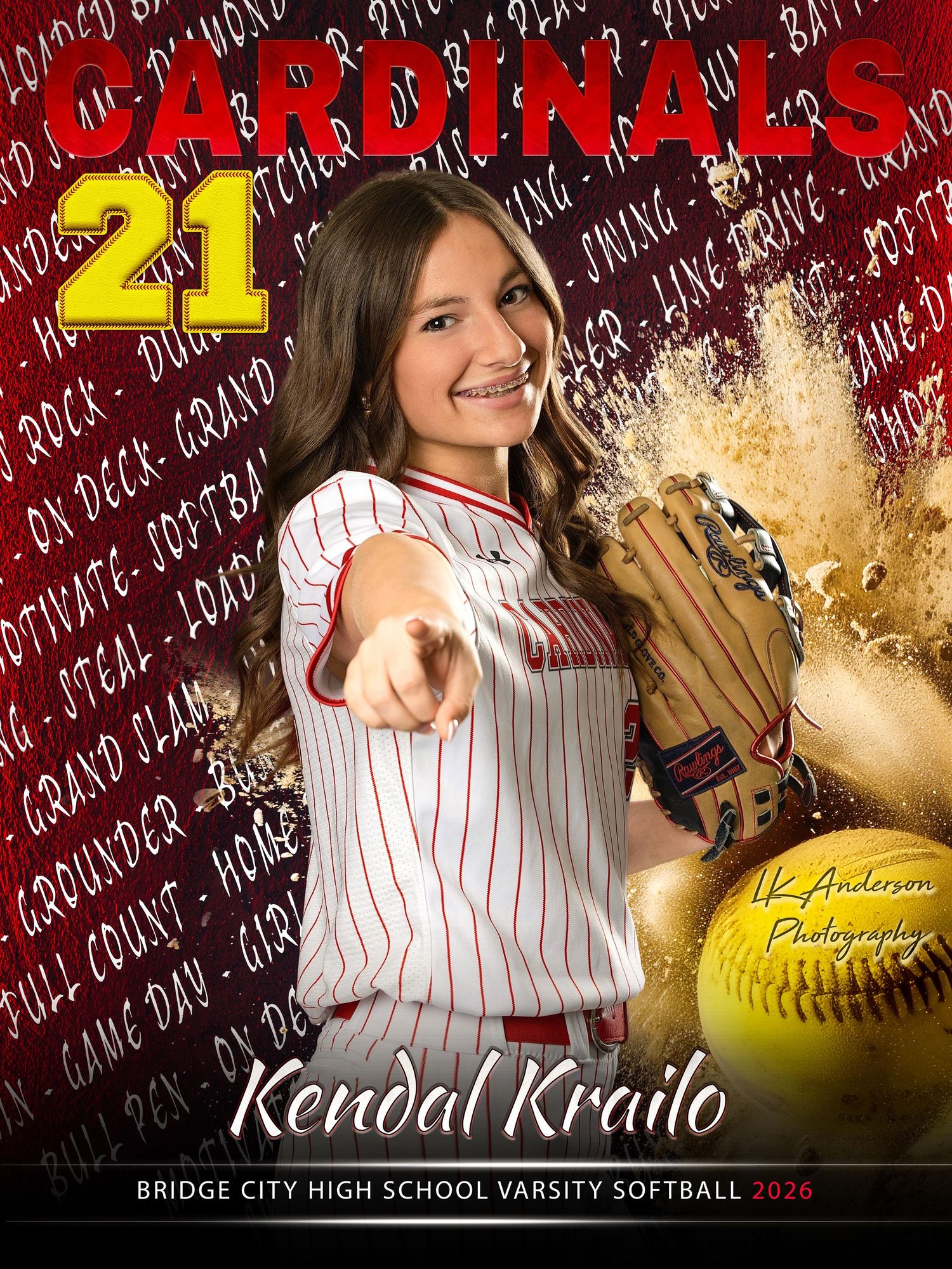 Softball player banner with red and gold design elements featuring varsity athlete number 24 from Bridge City High School.