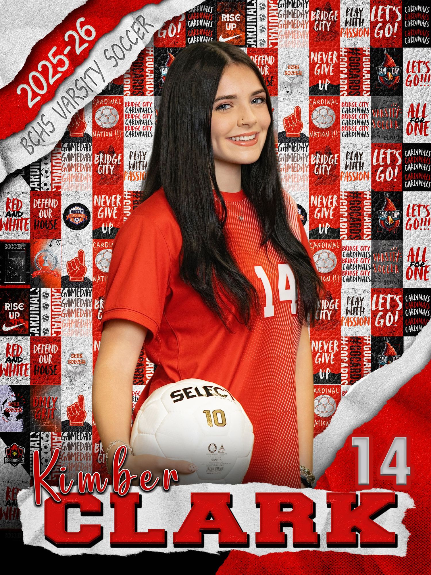 Sports banner with red and white design featuring athletic graphics and text against a collage background.