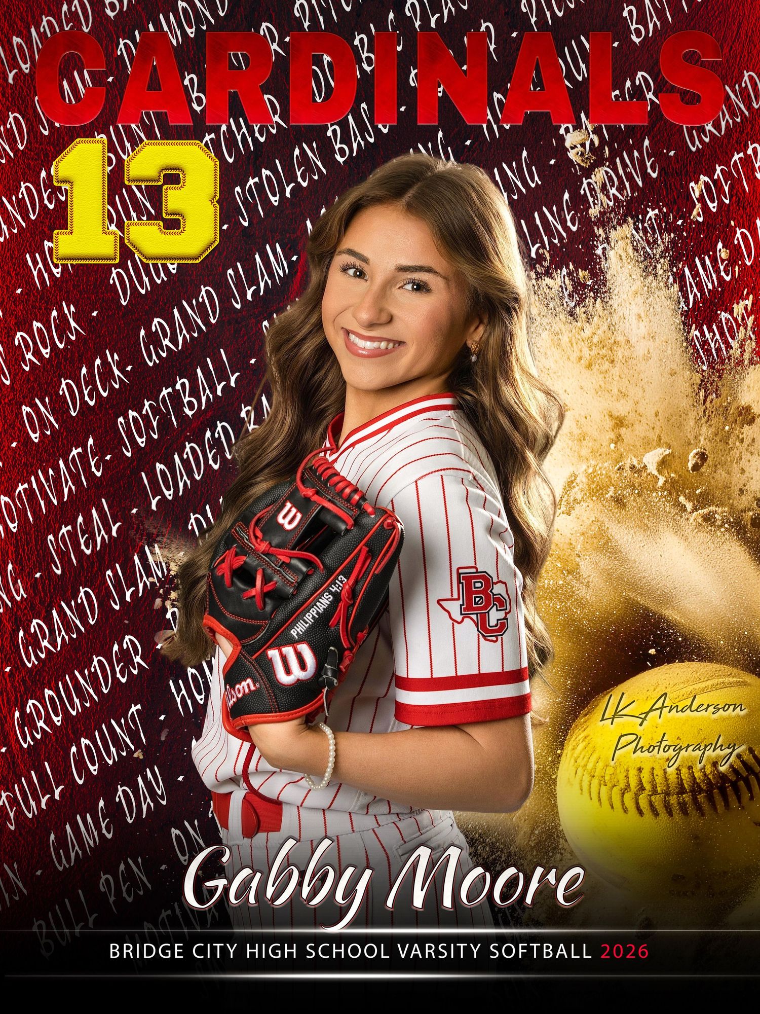 Custom softball player sports portrait with red Cardinals jersey number 13 and glove against artistic background design.
