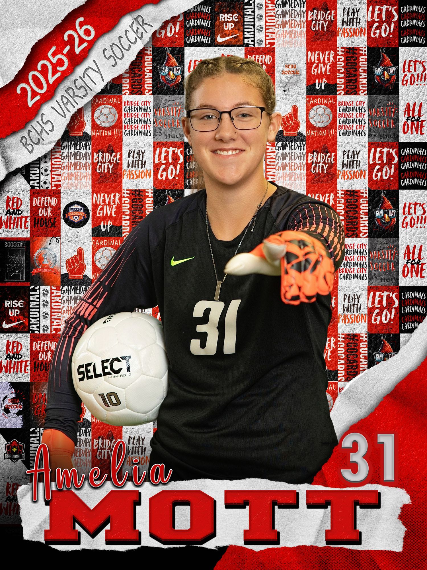 Soccer player in black goalkeeper uniform number 31 poses with ball against red backdrop.
