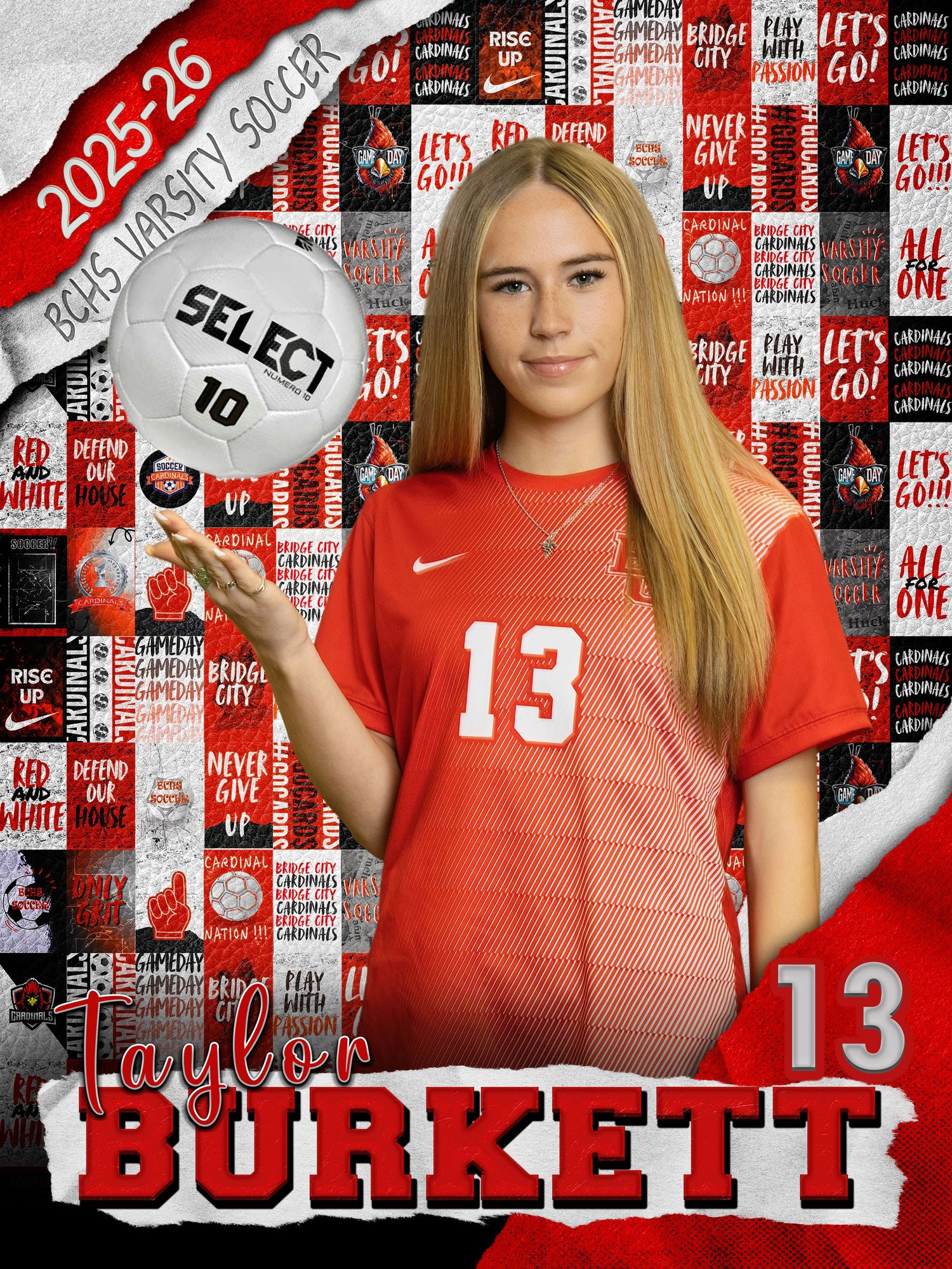 Soccer player wearing jersey number 13 poses with ball against team-branded background.