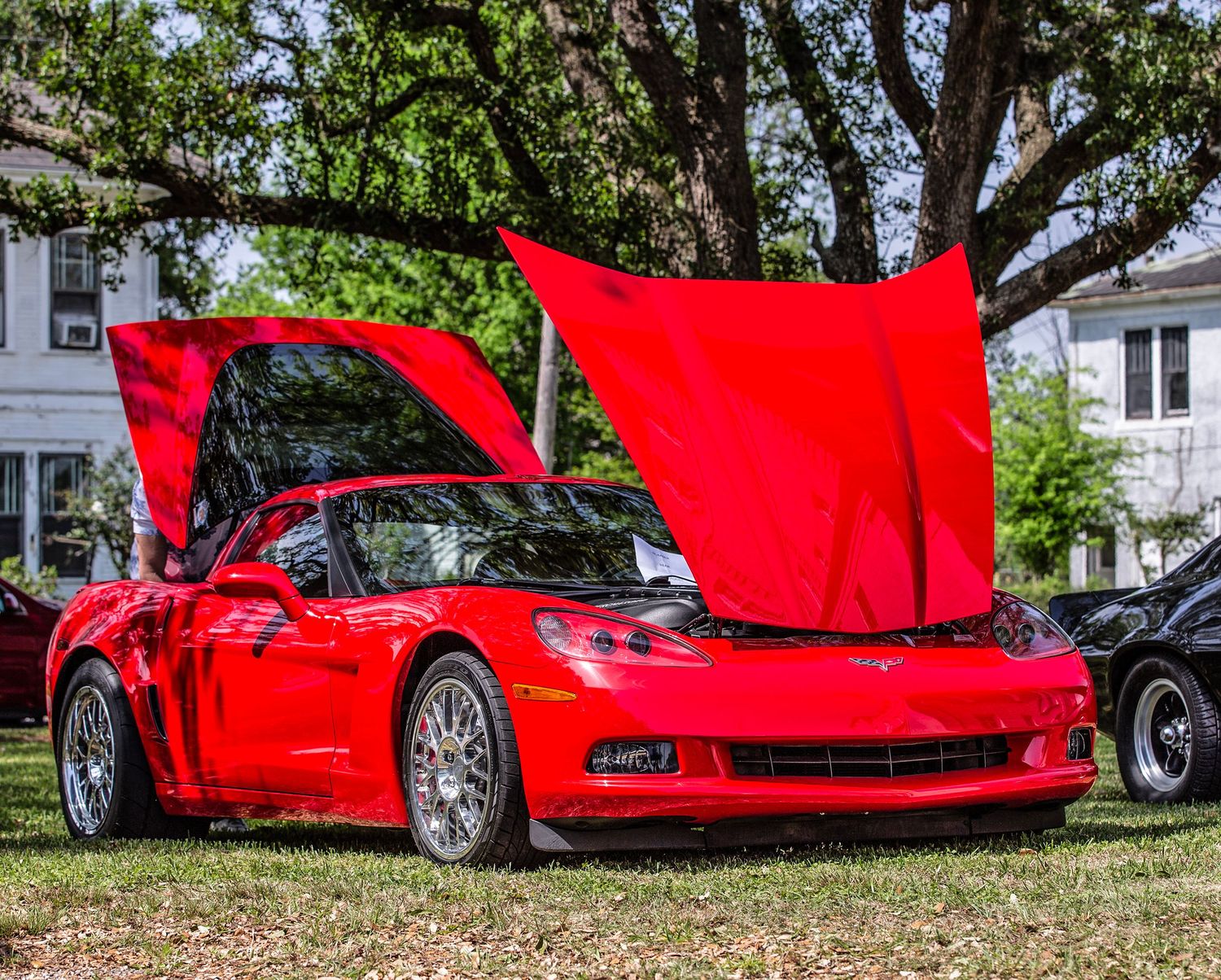 A bright red sports car with open doors and hood displayed at an outdoor car show event.