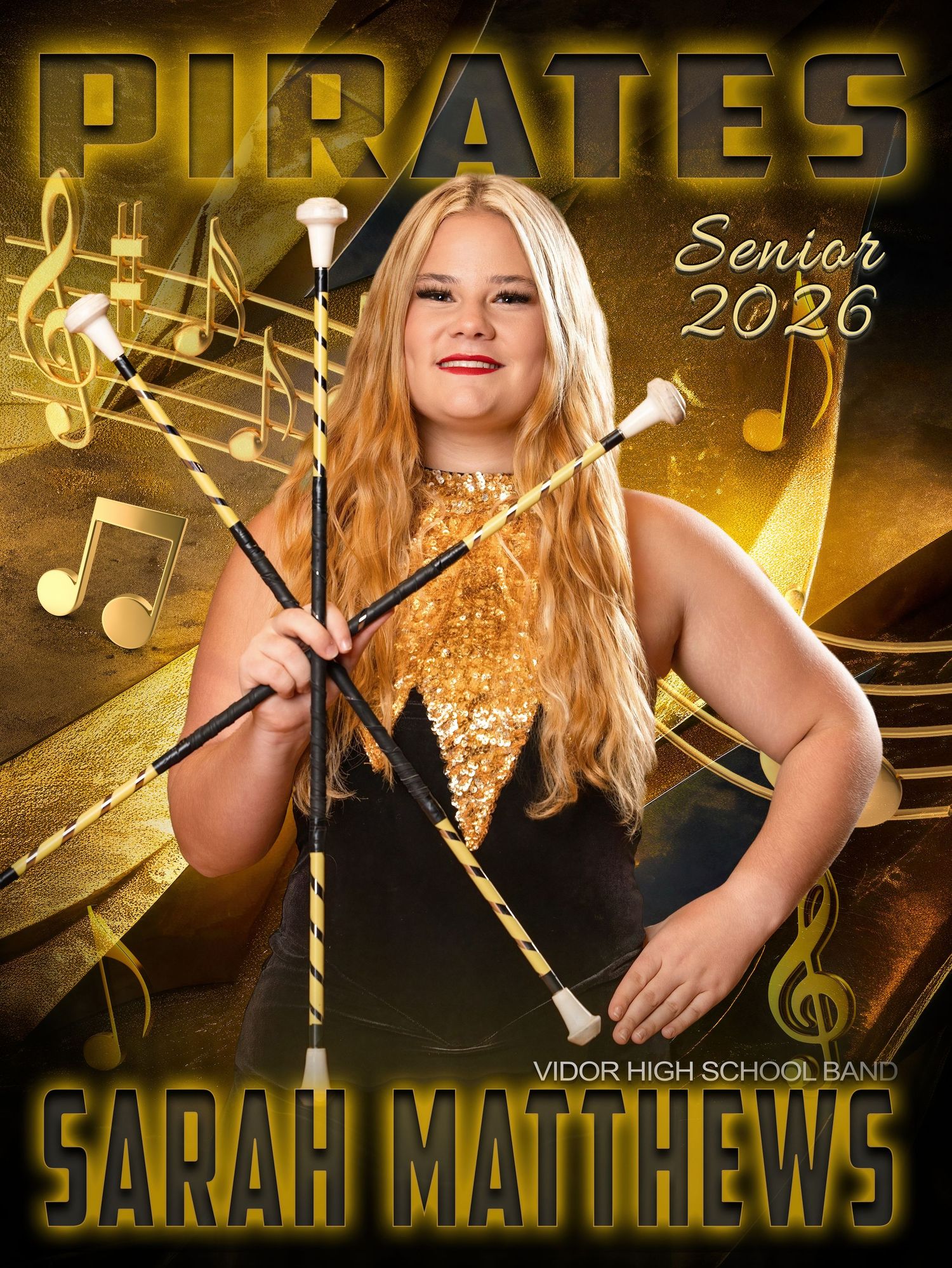 Musical themed senior portrait banner with gold accents and treble clefs against black background.