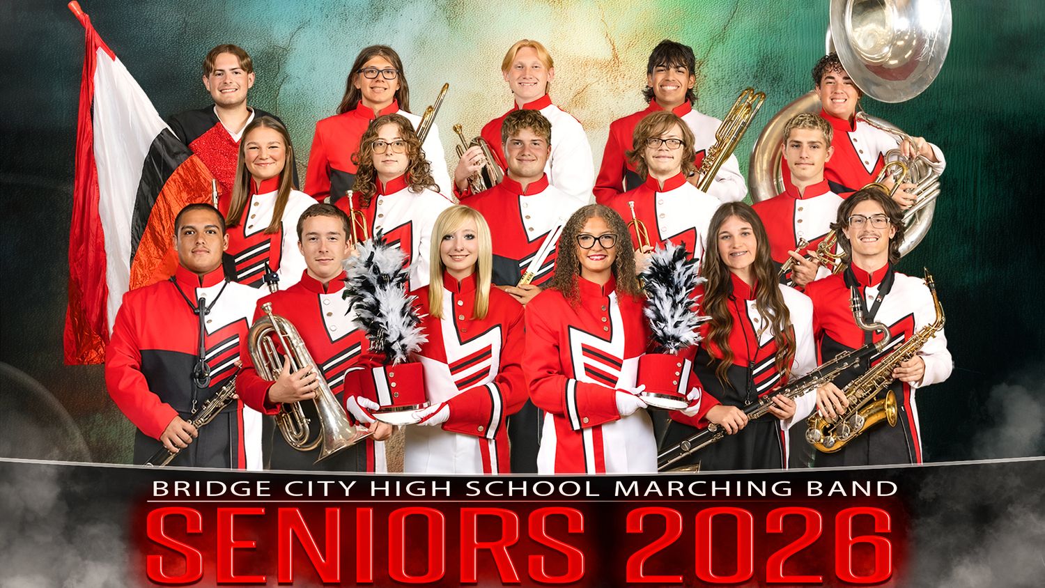 Class of 2026 Bridge City High school marching band members in red uniforms perform together