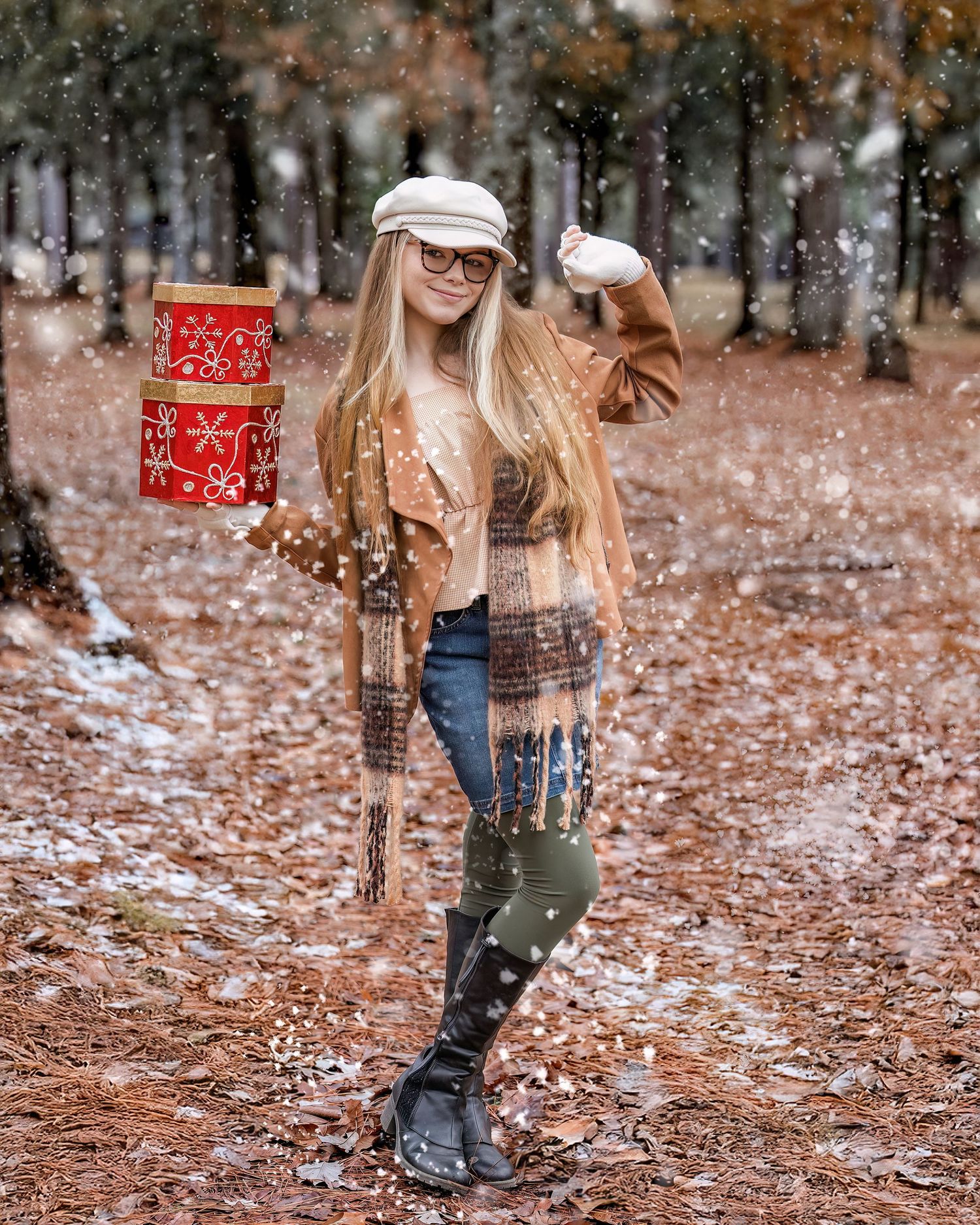 Stylish winter fashion photo with red gift boxes in a snowy forest setting with autumn leaves on the ground.