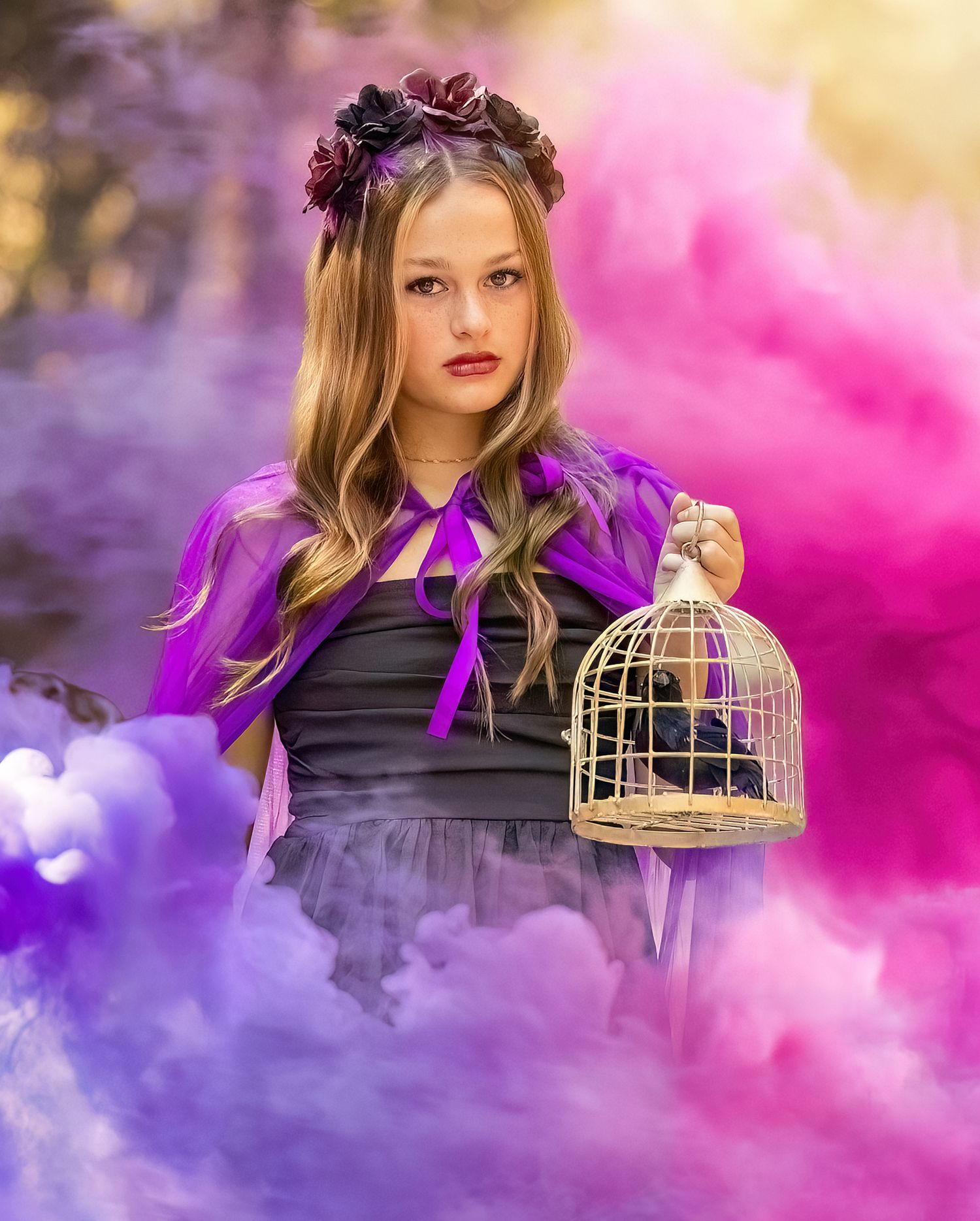 Artistic portrait series with decorative bird cage prop amid purple and pink smoke effects.