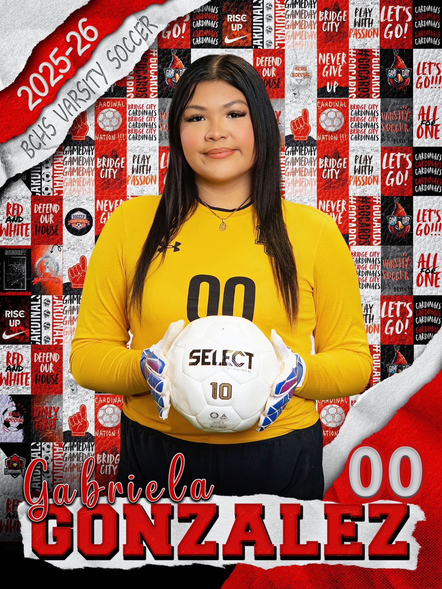 Student athlete in yellow sweater poses with soccer ball against red and white sports banner background.