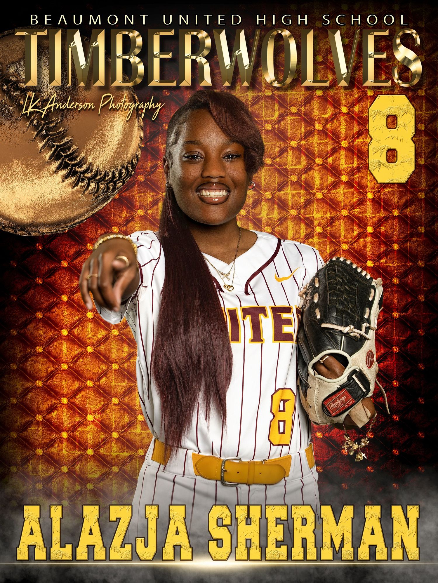 High school athlete in yellow and white pinstriped baseball uniform poses against sparkly gold backdrop for team photo.