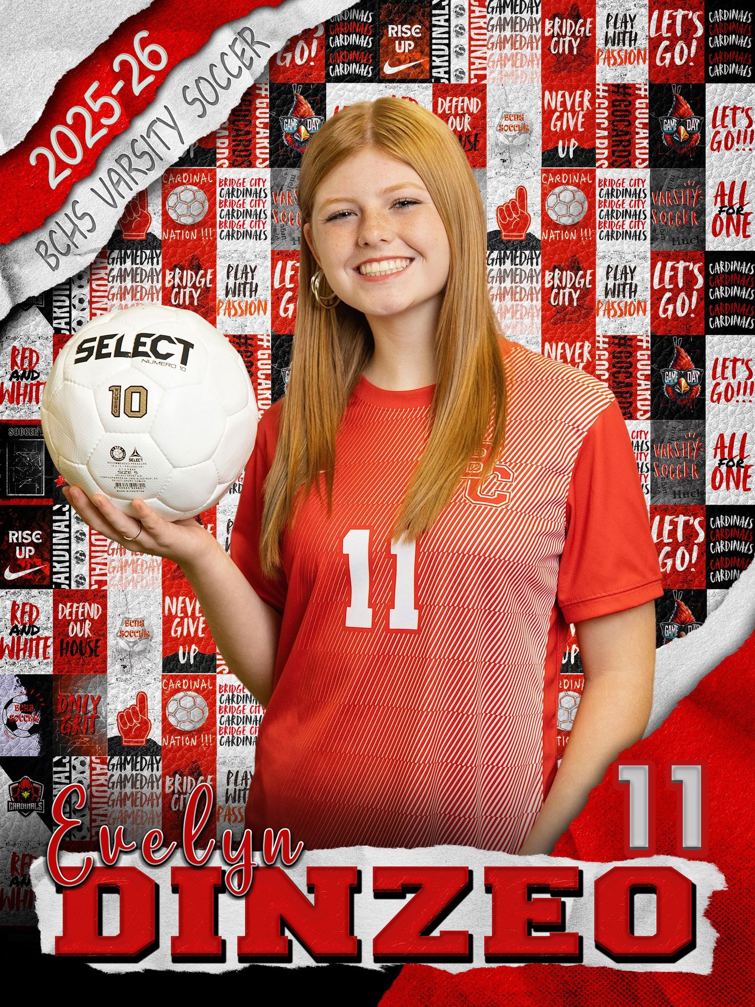 Athlete in red jersey number 11 holds soccer ball against branded backdrop with graphics.