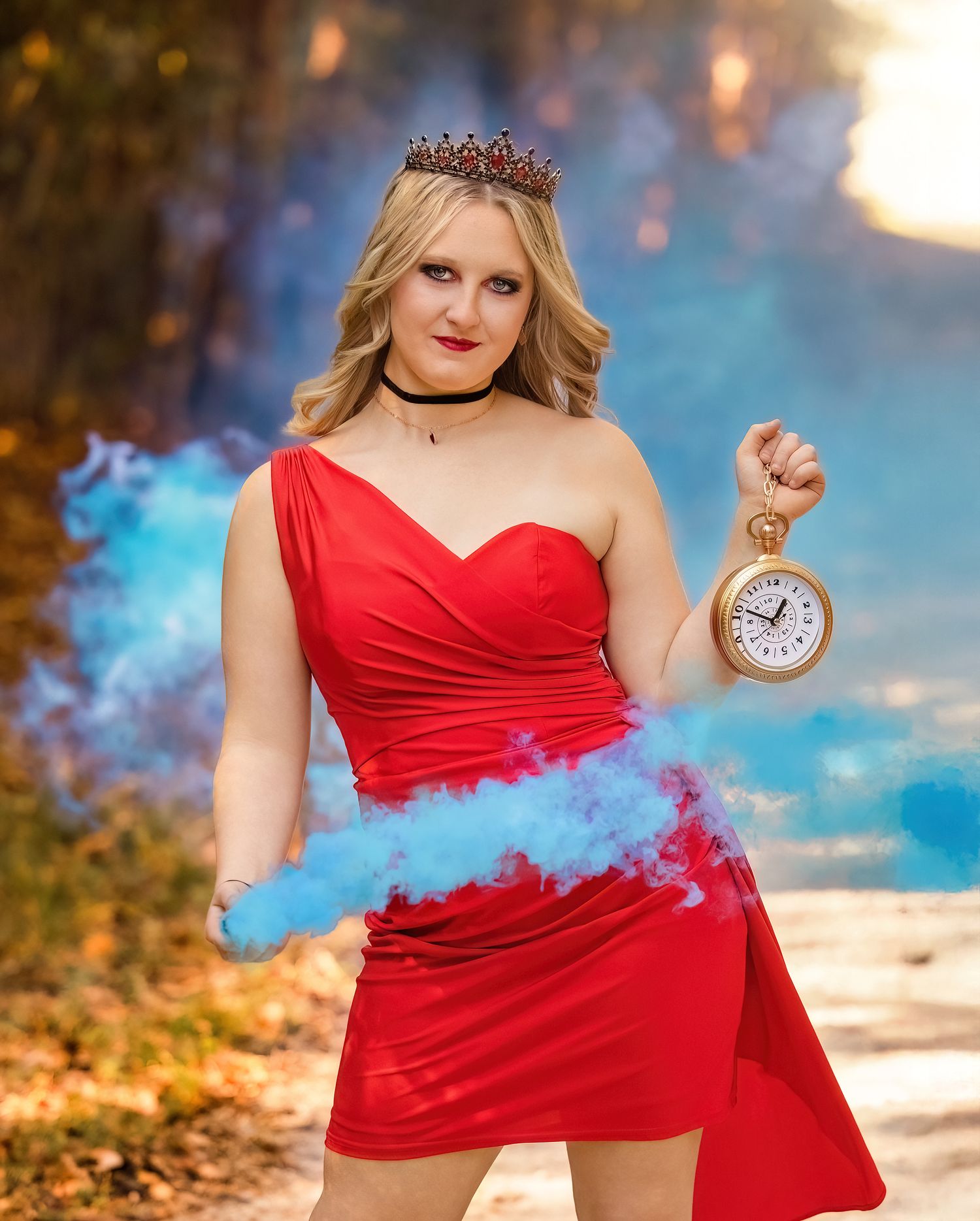 Fantasy-themed portrait in red dress with pocket watch and blue smoke effects.