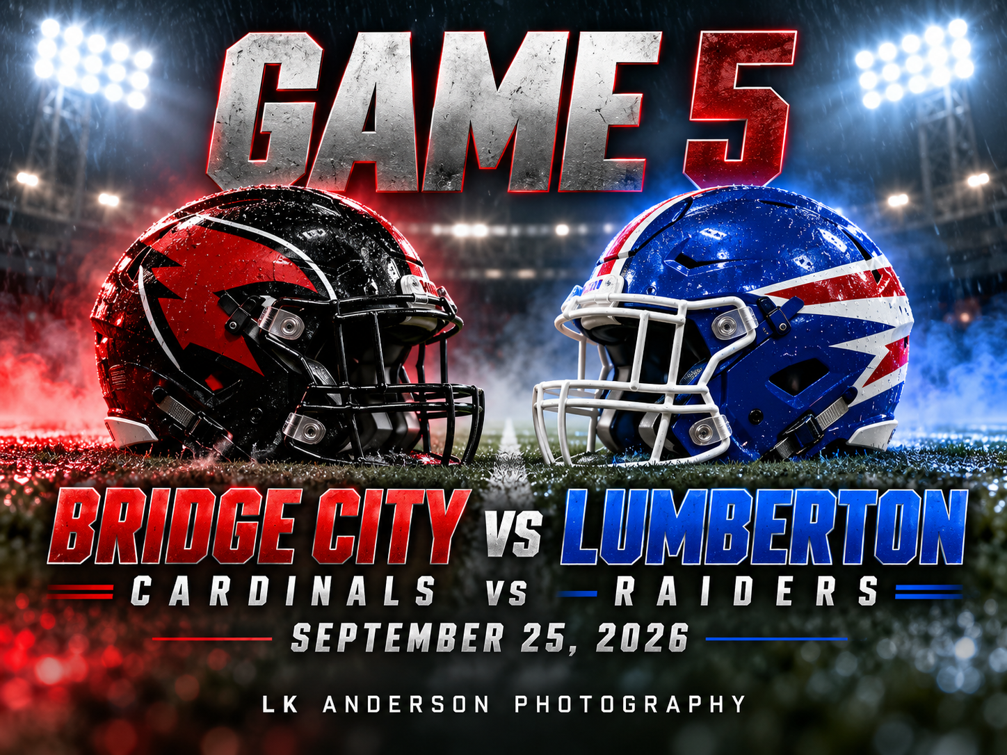 Game 5 football matchup graphic featuring Bridge City Cardinals vs Lumberton Raiders on September 25, 2026, with two helmets.