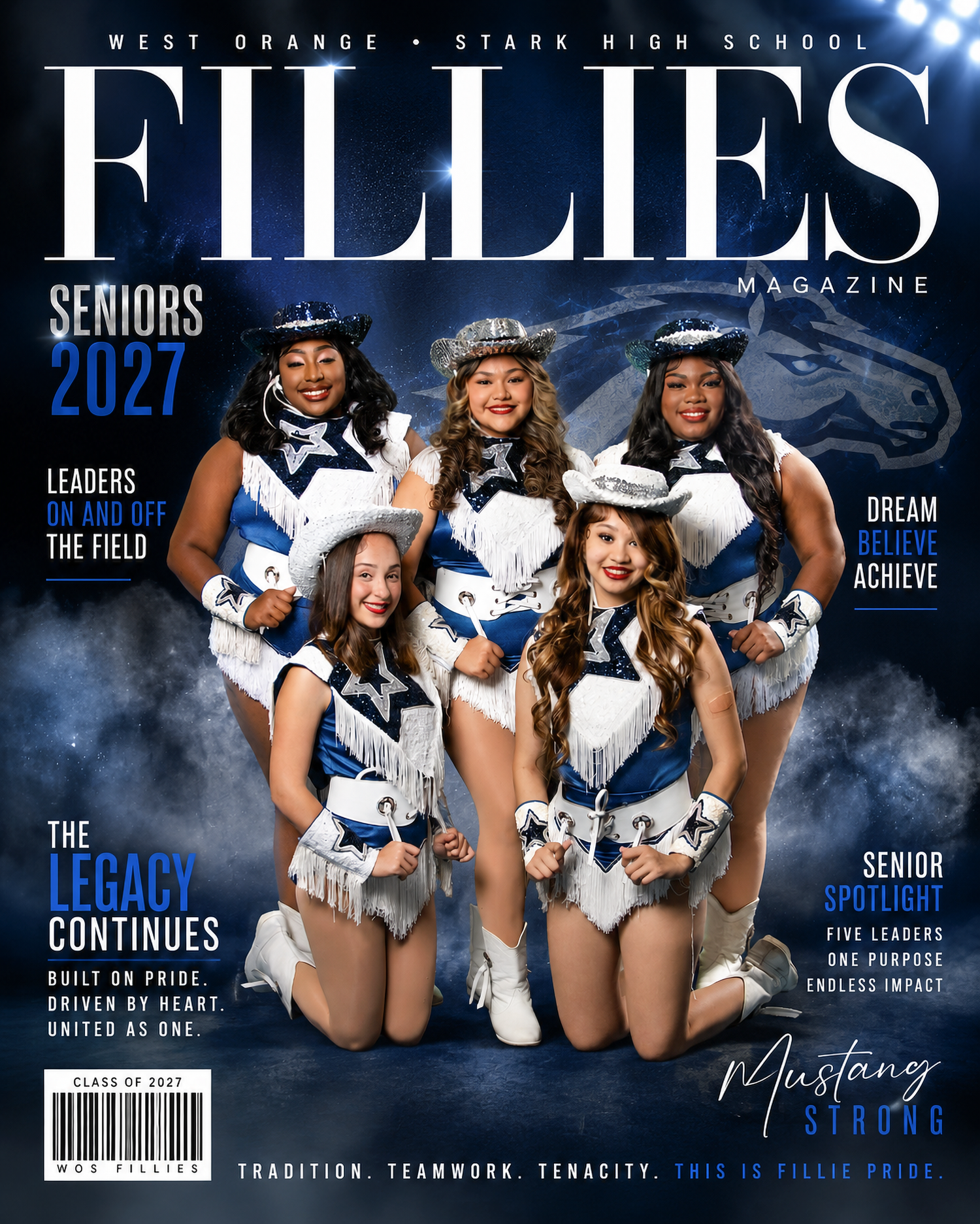 Fillies Magazine cover featuring West Orange Stark High School senior drill team members in blue and white uniforms for class of 2027.