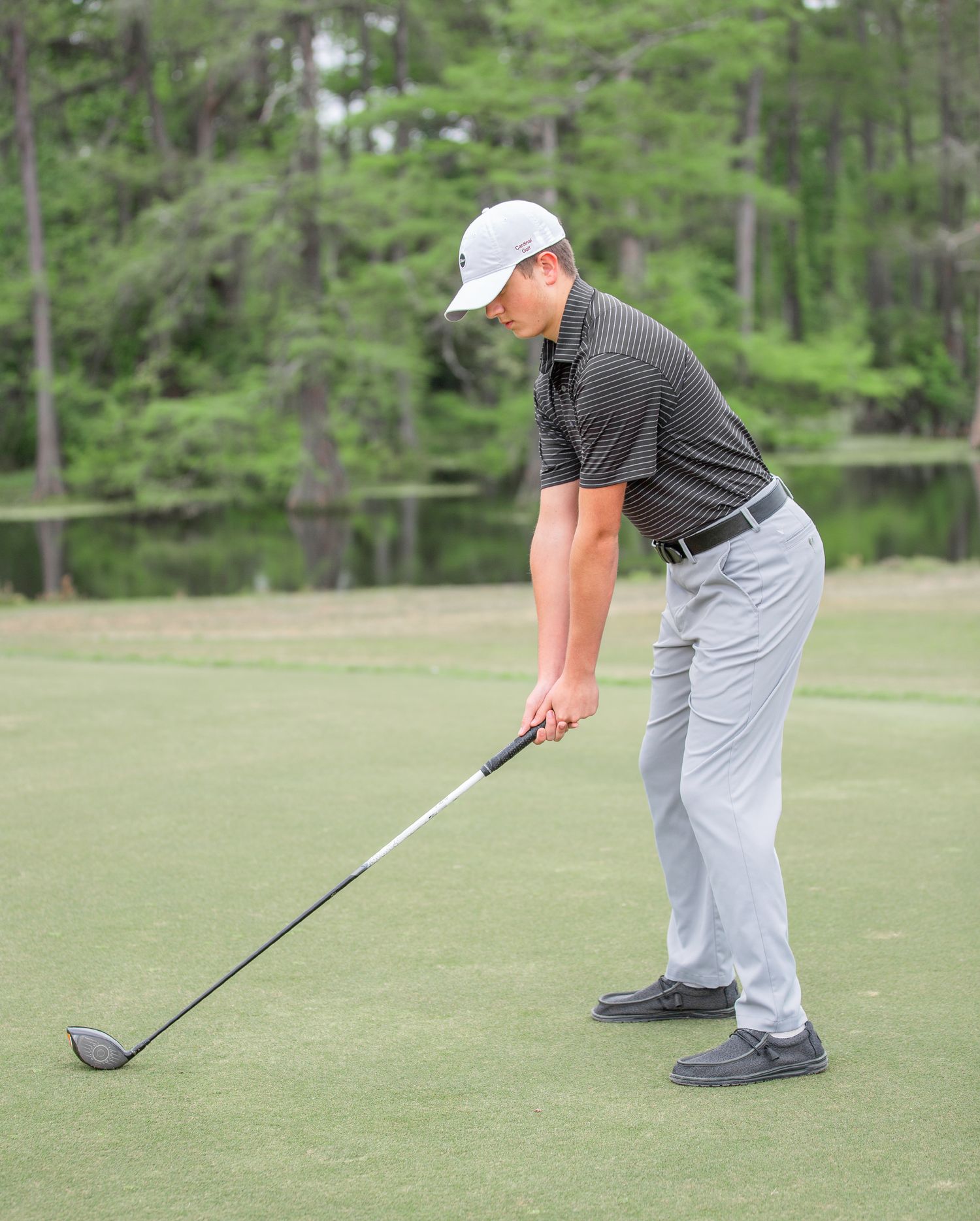 Golfer demonstrating proper chipping technique with three sequential shots showing stance and follow through on grass.