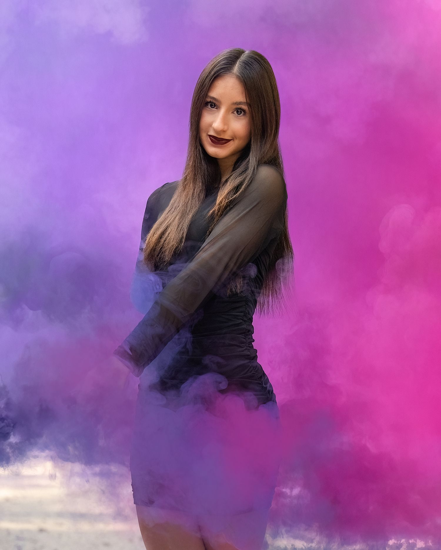 Fashion portrait sequence with purple and pink smoke effects against dark background.