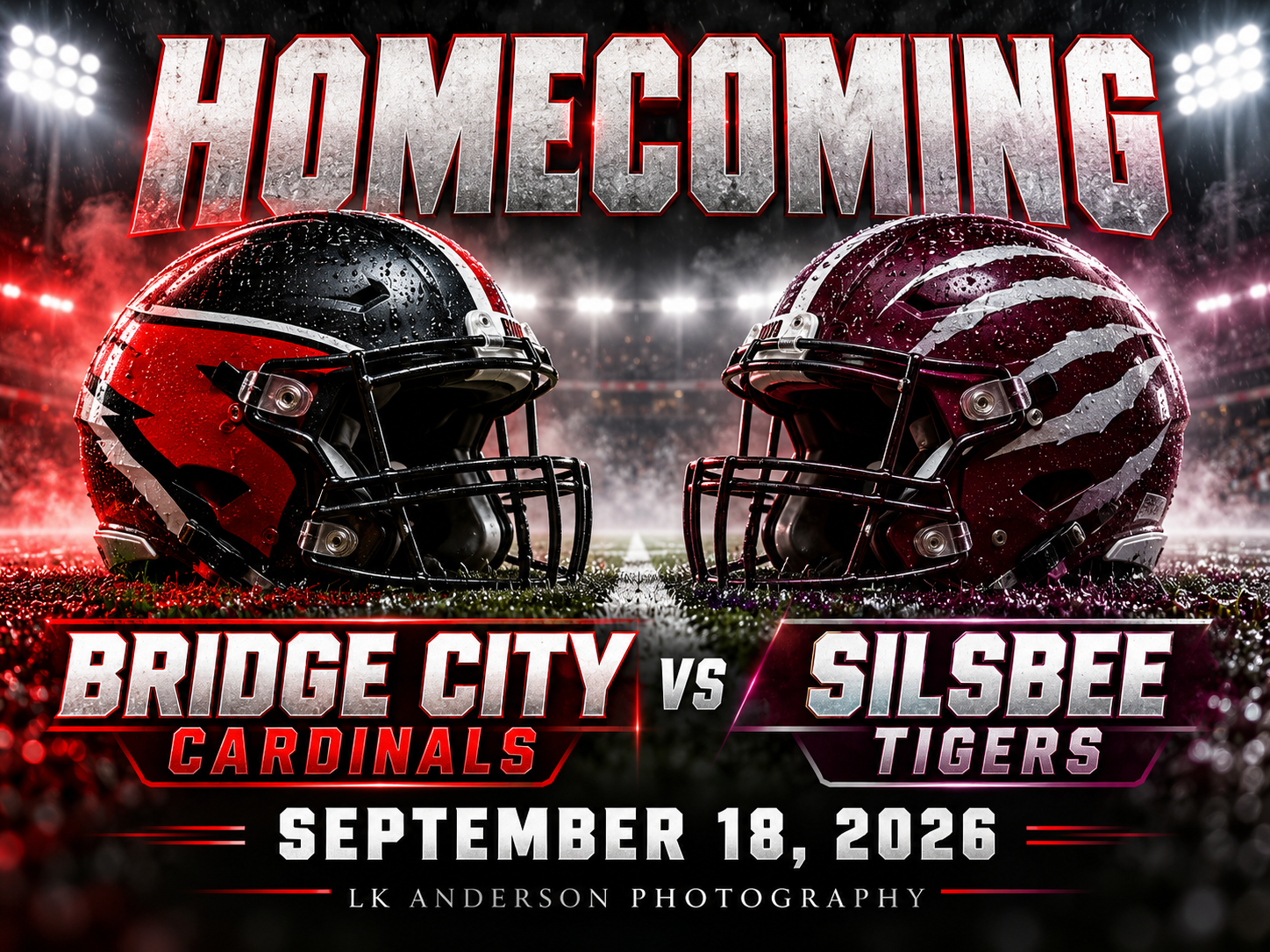 Homecoming football game graphic featuring Bridge City Cardinals vs Silsbee Tigers on September 18, 2026, with two helmets facing off.