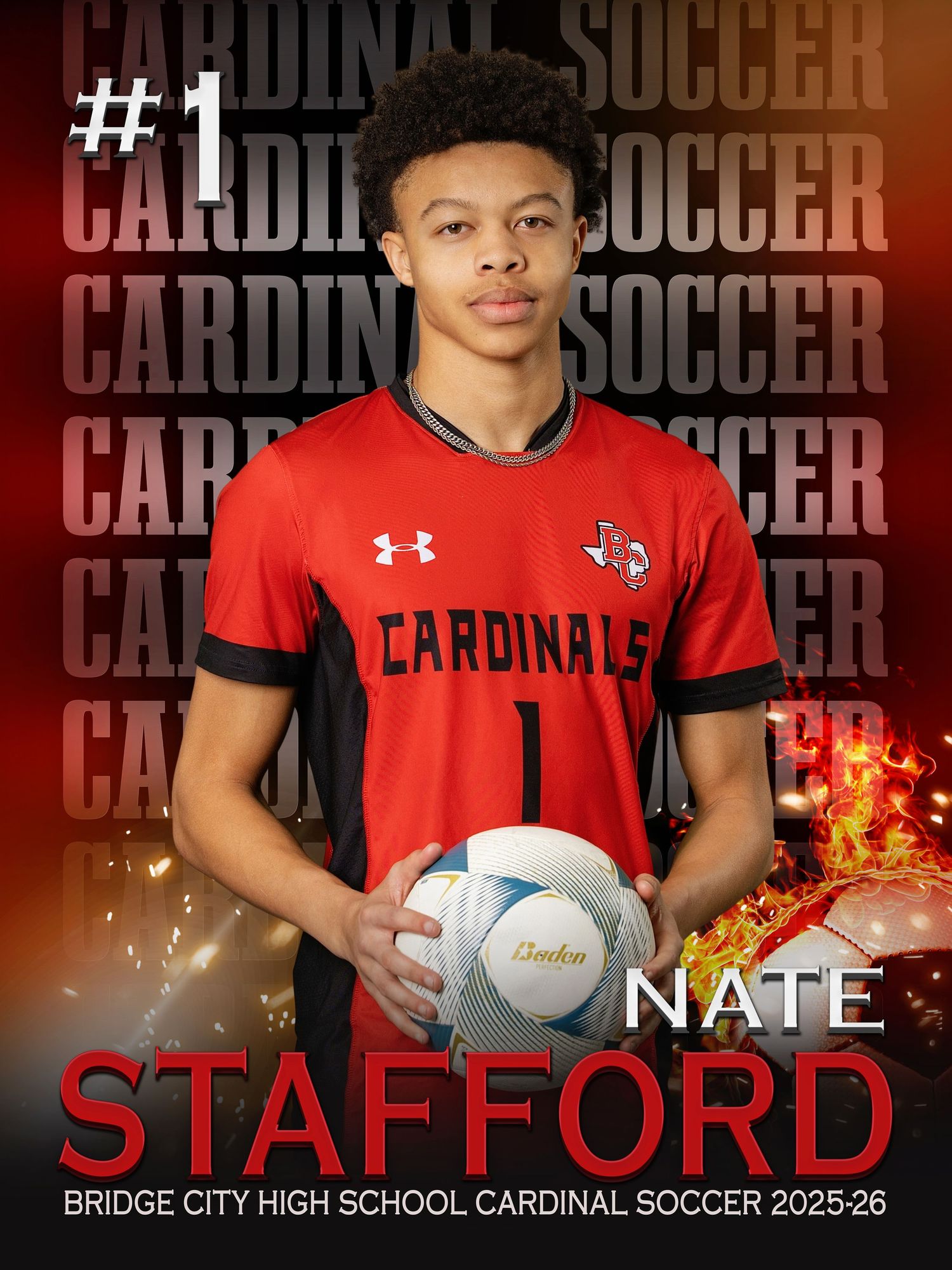 Bridge City Cardinals soccer player in red uniform number 1 poses with soccer ball against fiery backdrop.