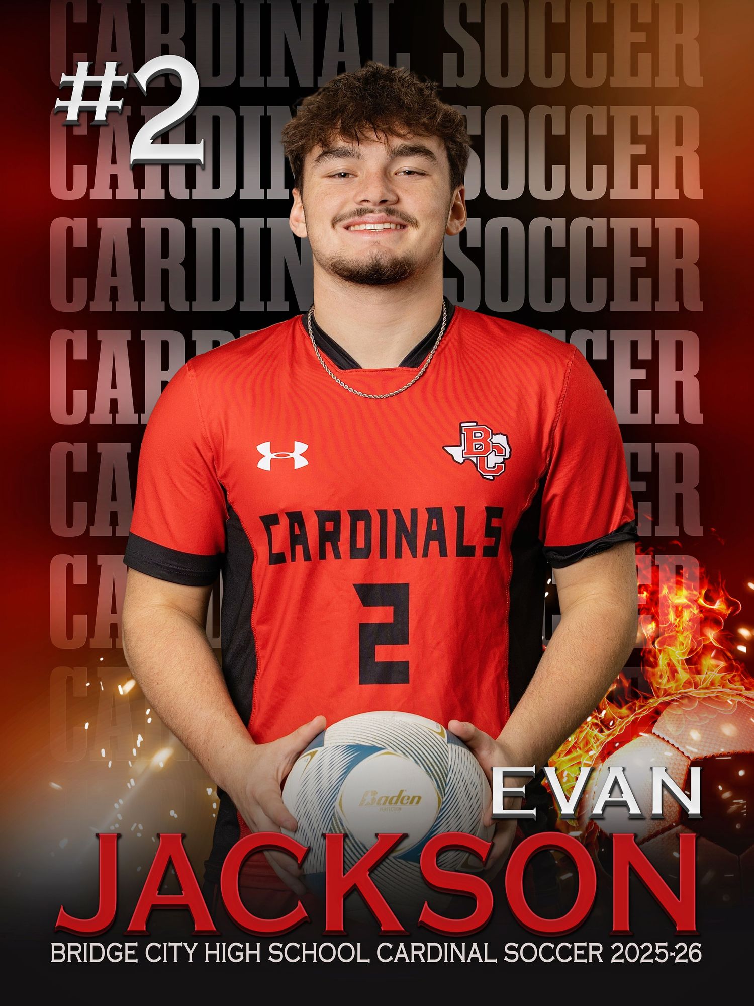 High school soccer player in red Cardinals uniform stands against dark background with graphics and team branding.