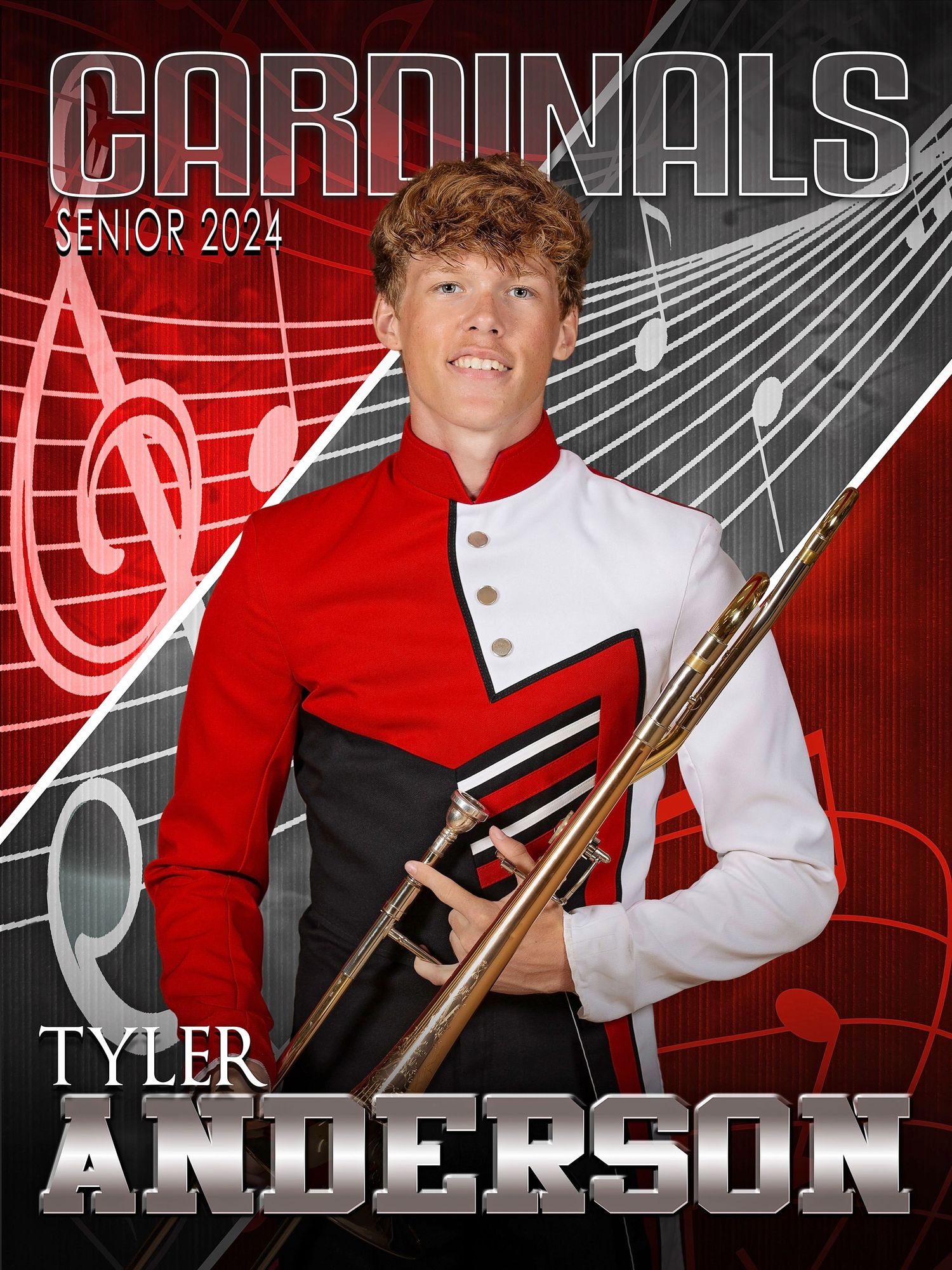 High school band member in red and white uniform holding instrument against musical note background.