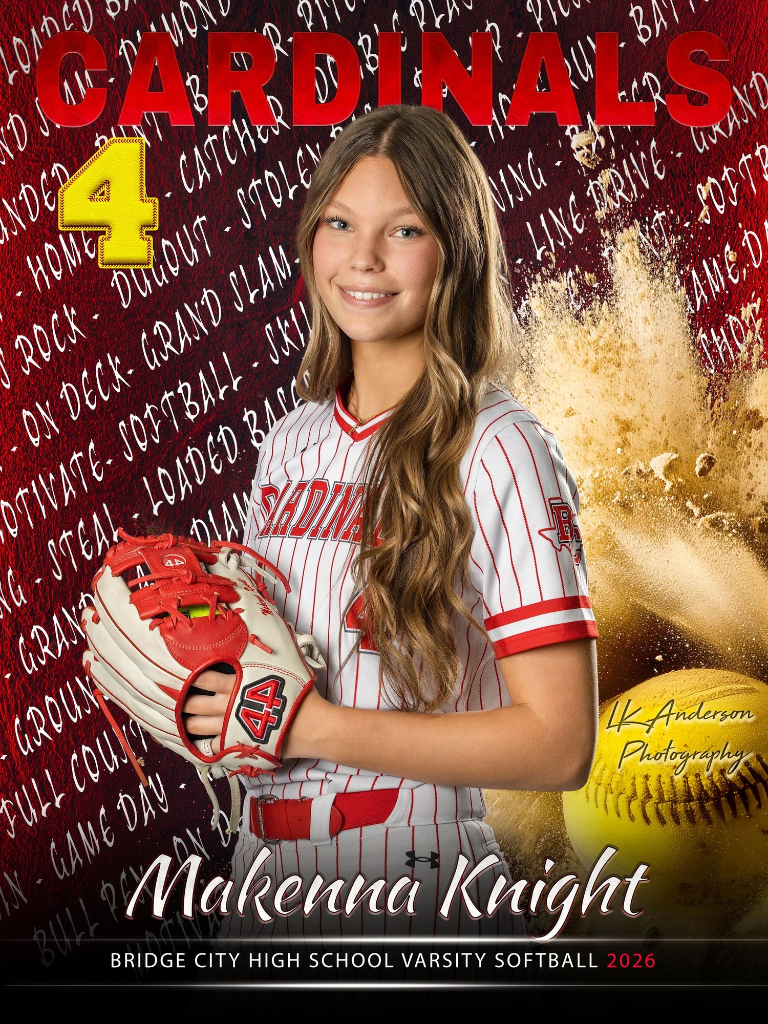 High school softball player banner design with red background and yellow glitter effects for Bridge City varsity team.