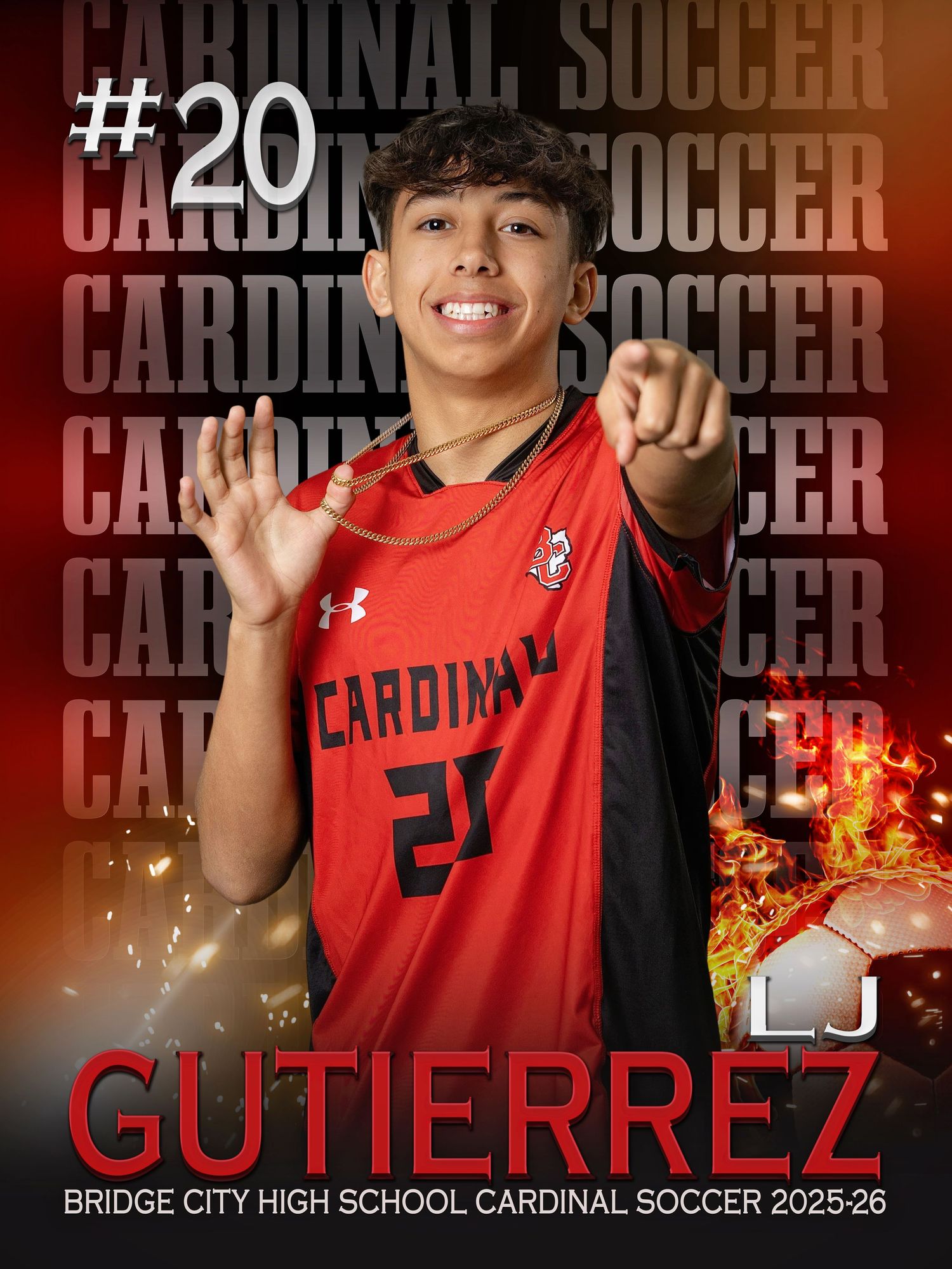 Soccer player in red Cardinal uniform number 20 poses against dark background with team branding and lighting effects.
