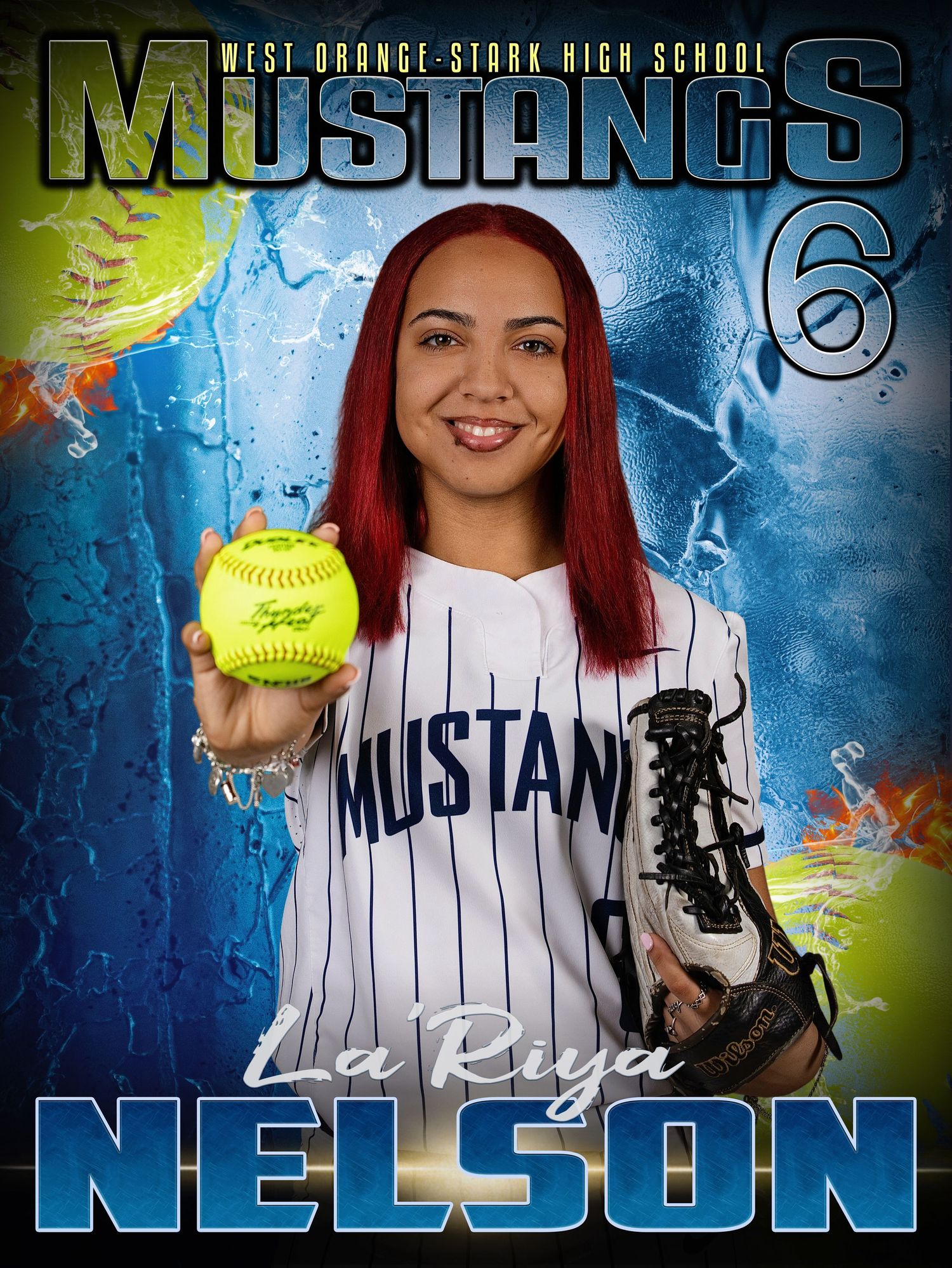 High school softball player in white Mustangs jersey holds up yellow softball against blue textured background.