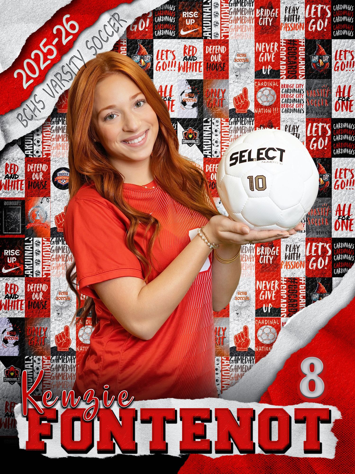 Soccer player in red uniform poses with team number 8 against background featuring text collage pattern.