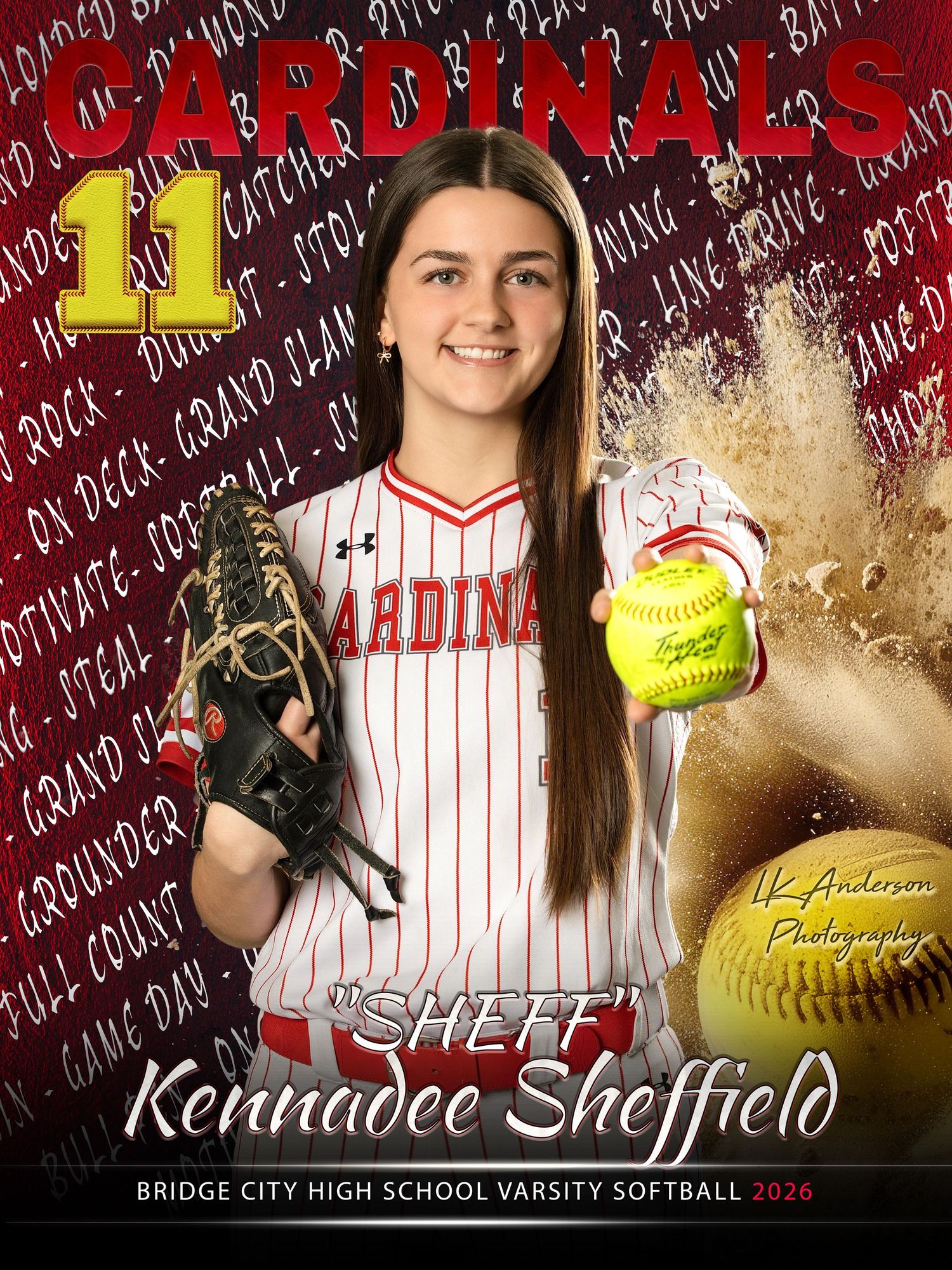 High school varsity softball player poses in red and white striped uniform with softball and glove against textured background.