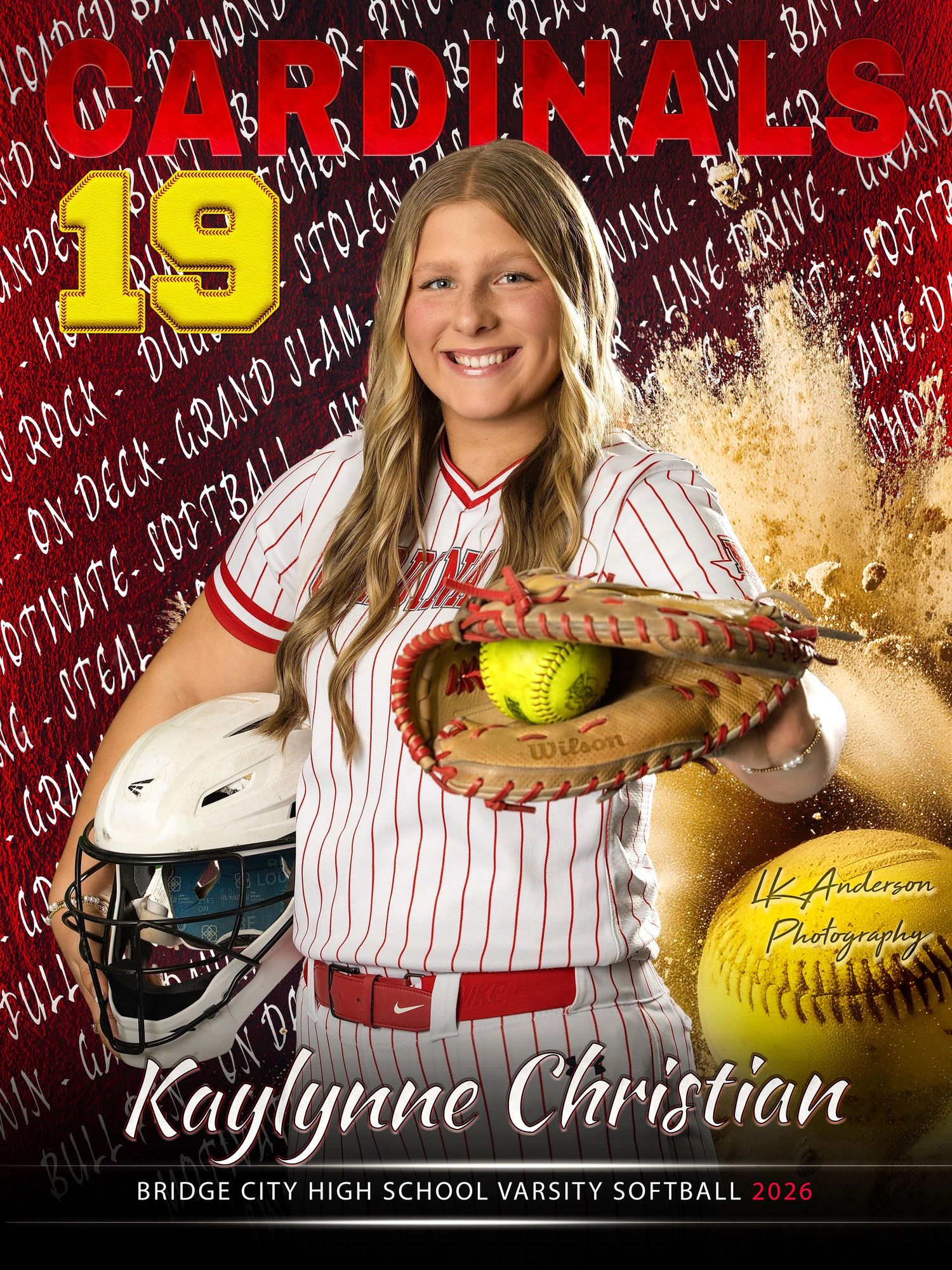 Softball player composite image with red background featuring uniform number 19 and yellow softball graphics.